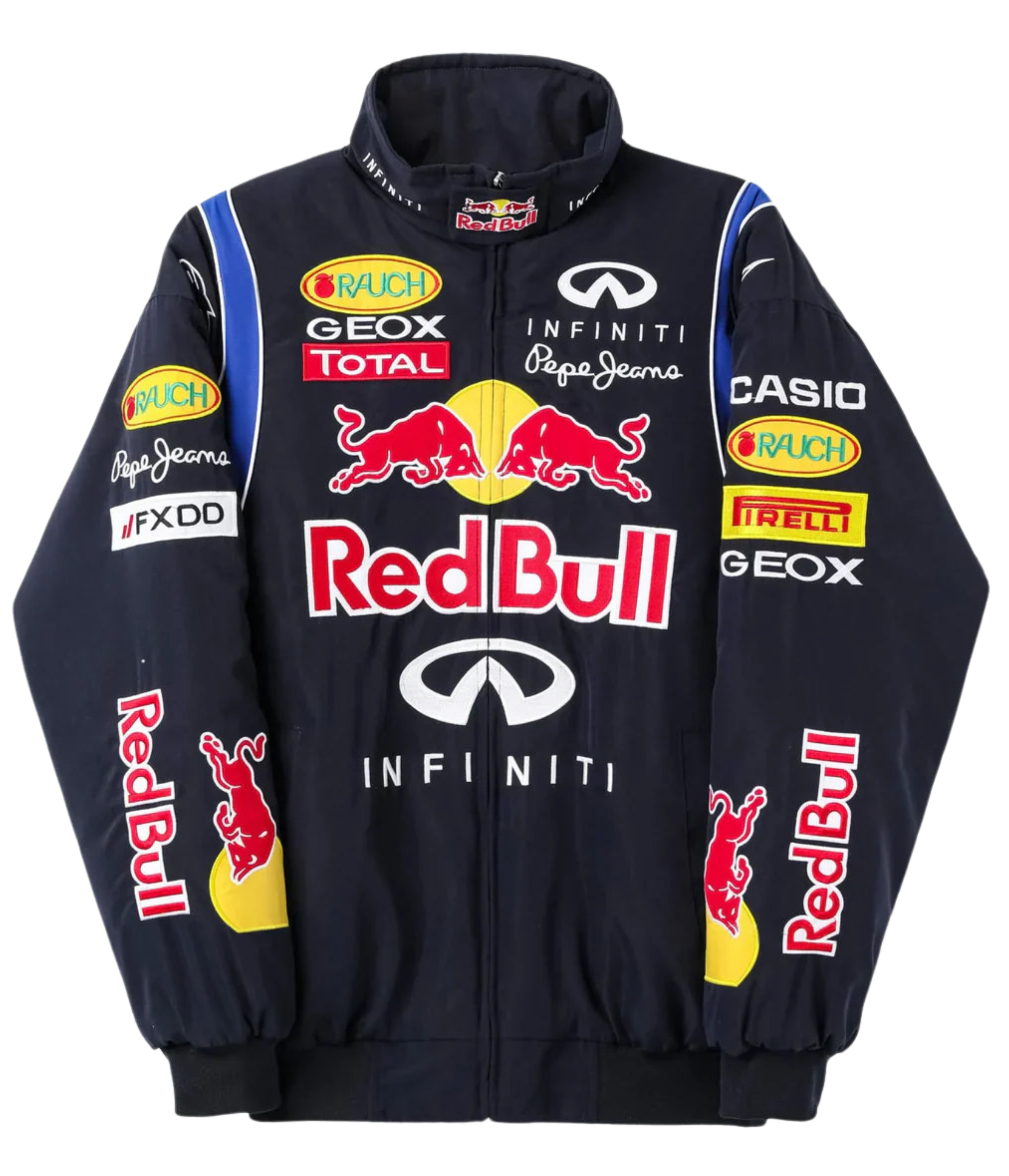 The Red Bull Racing F1 Jacket is a navy blue collector piece featuring bold sponsor patches—Red Bull, Infiniti, Geox, Casio, Pirelli, and Rauch—on the front, sleeves, and shoulders for true Formula 1 fans.
