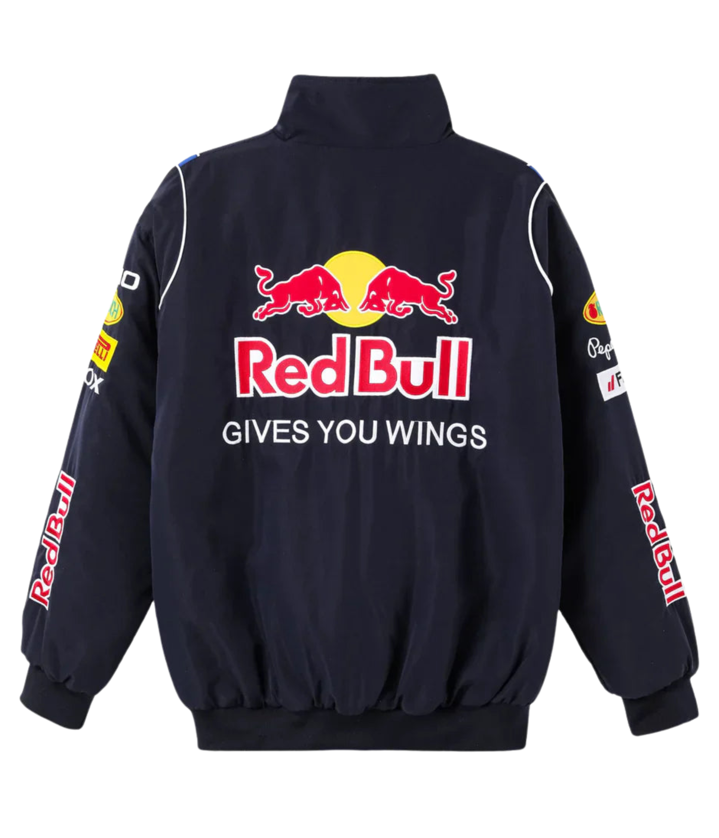 The Red Bull Racing F1 Jacket is black and features the iconic logo, two red bulls, GIVES YOU WINGS on the back, plus sponsor logos on the sleeves and shoulders—perfect for F1 fans to show their passion.