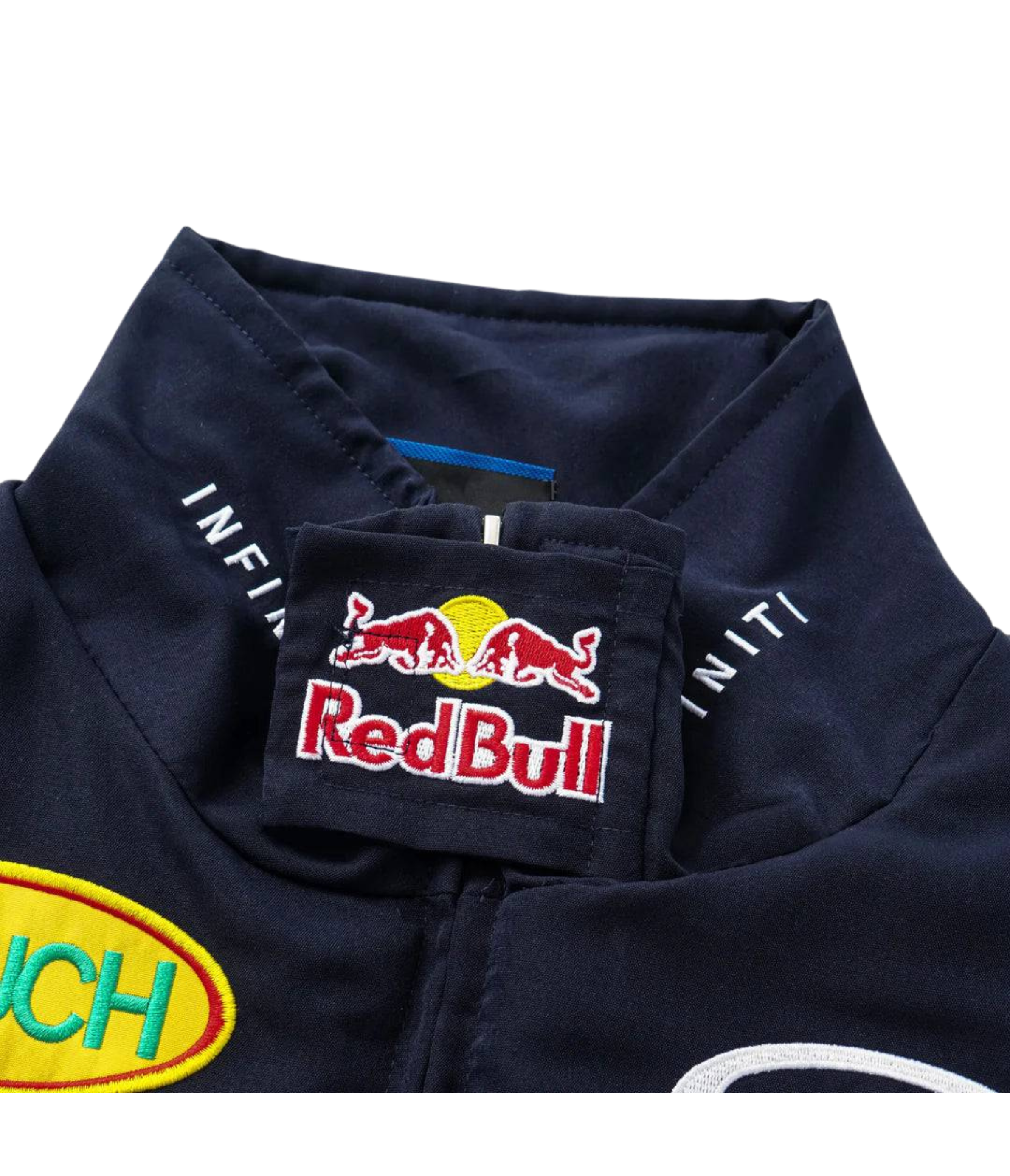 Close-up of the collar on a navy Red Bull Racing F1 Jacket, showing the bold Red Bull logo patch, Infiniti text, and part of a yellow patch—an ideal addition to any Formula 1 fans apparel collection.