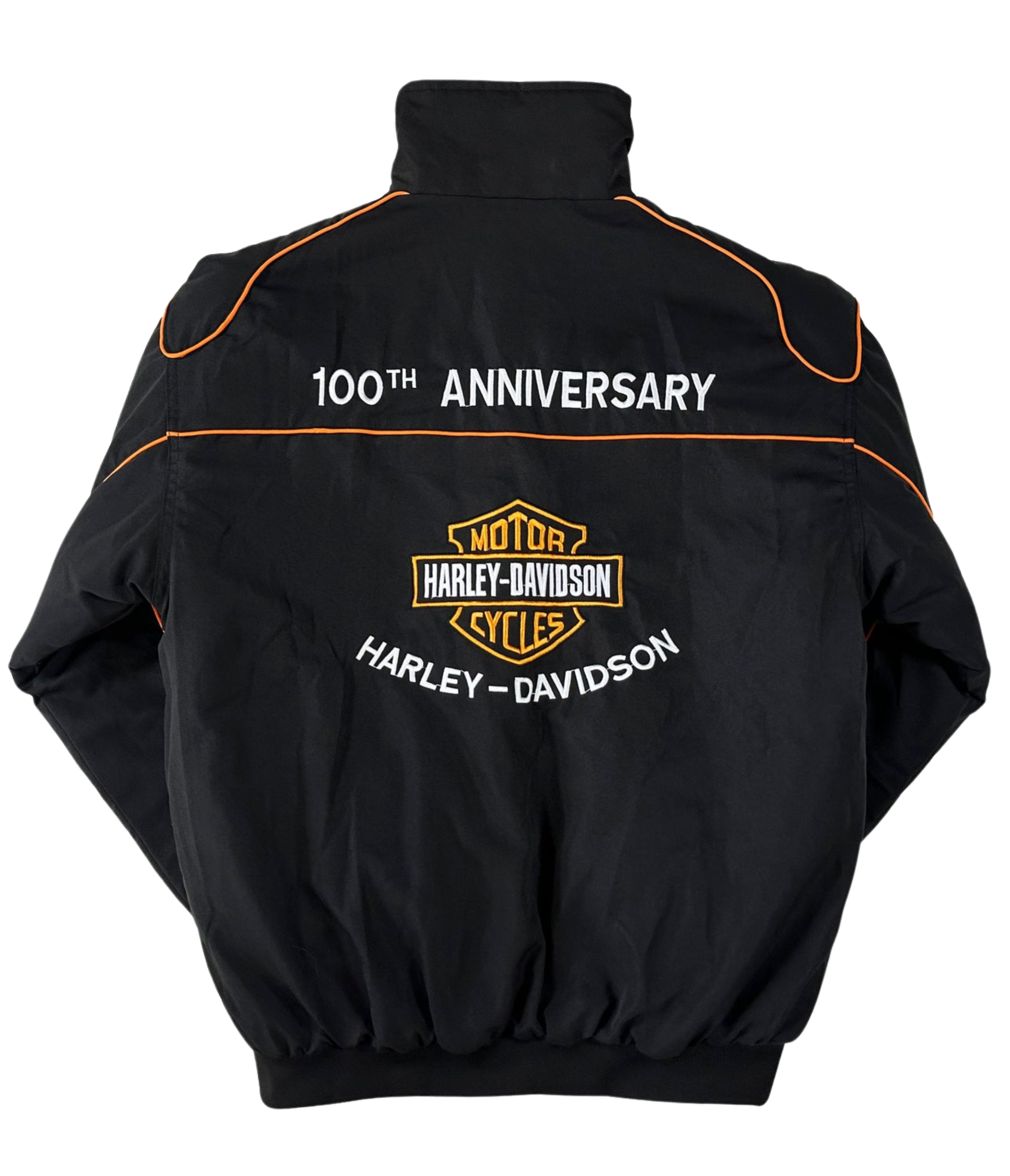 Vintage Harley Davidson Jacket with orange piping, 100th ANNIVERSARY detail, and the classic Harley-Davidson logo on the back—a must-have retro motorcycle jacket for enthusiasts.