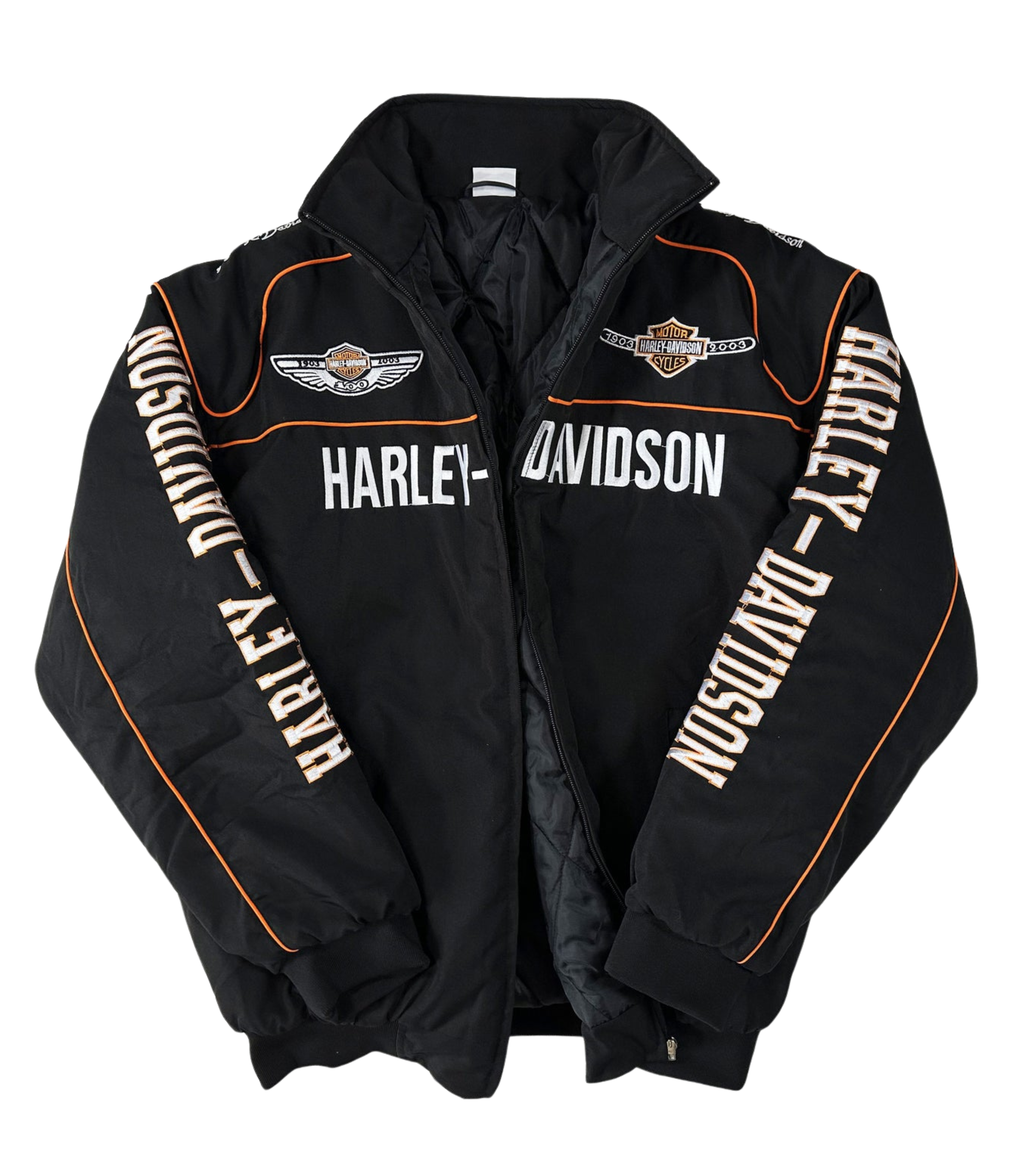 The Vintage Harley Davidson Jacket is black with orange piping, embroidered chest and shoulder logos, and HARLEY-DAVIDSON text on the front and sleeves. The retro motorcycle jacket is displayed flat on a white background.