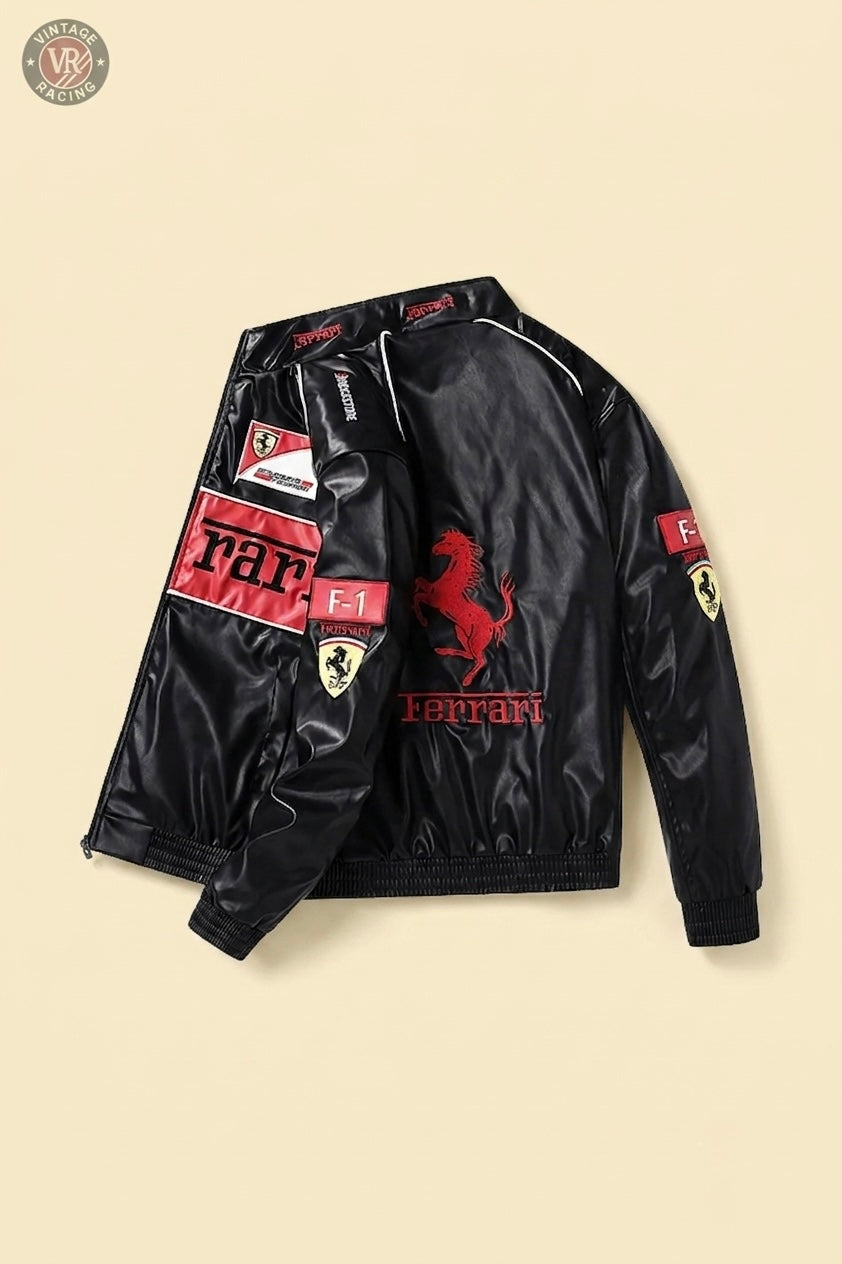 The Ferrari F1 Vintage Racing Leather Jacket - Red Edition features red and yellow patches, Ferrari logo, prancing horse, and F1 accents on black leather—a standout vintage jacket displayed on a beige background.