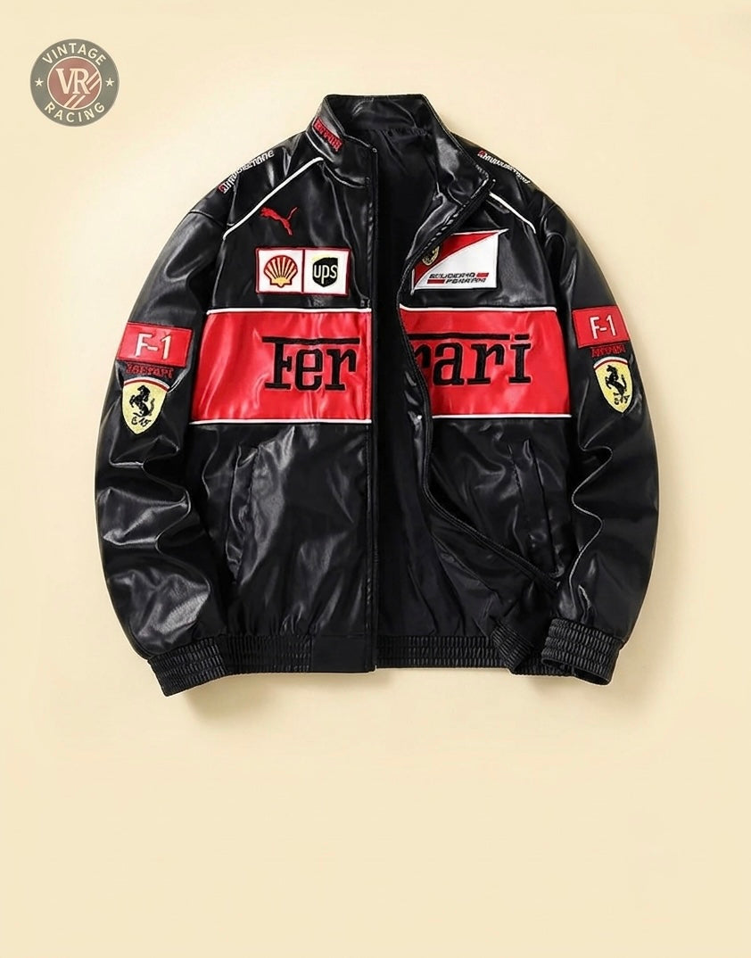 The Ferrari F1 Vintage Racing Leather Jacket - Red Edition features bold red and black colors with Shell, UPS, Puma, F1, and Ferrari logos on the chest and sleeves—ideal for fans of vintage racing style. Displayed against a beige background.
