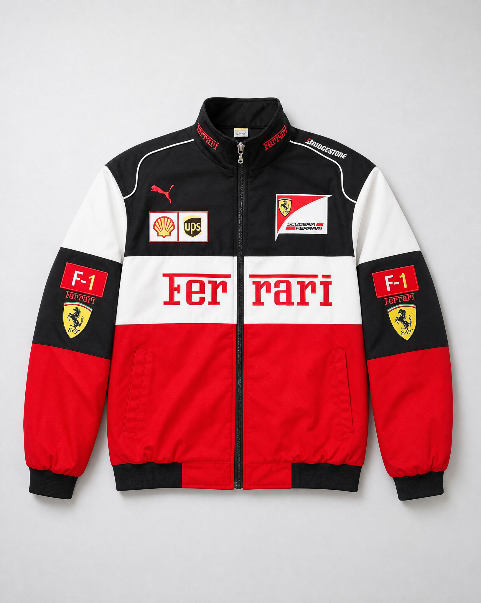 The F1 Ferrari Vintage Racing Jacket - Black, White & Red Edition features sponsor logos, Ferrari shields, and F1 patches—ideal for fans of retro motorsport style.