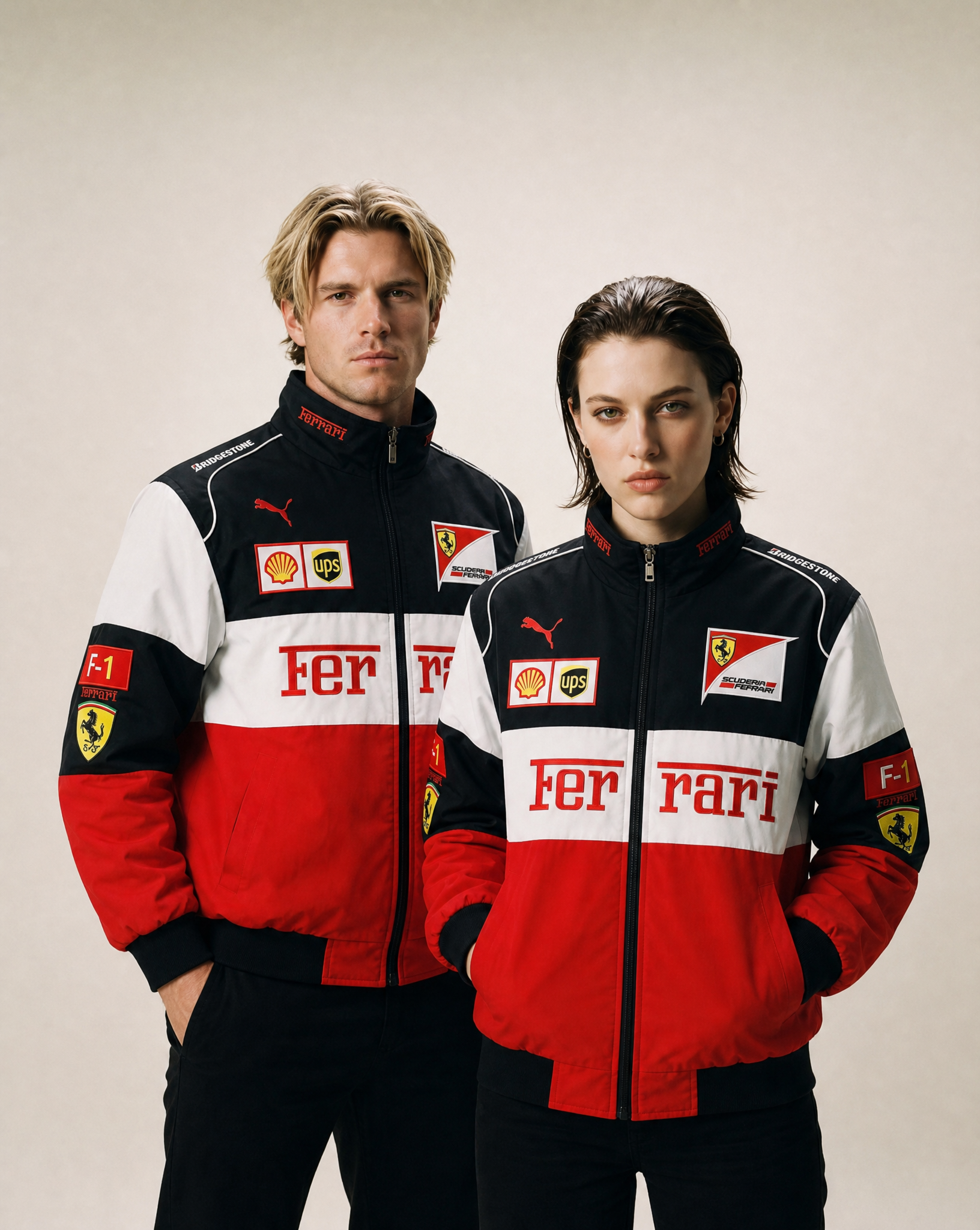 Two people stand side by side in F1 Ferrari Vintage Racing Jacket - Black, White & Red Edition featuring sponsor logos. Both pose confidently with hands in pockets and serious expressions against a neutral background.