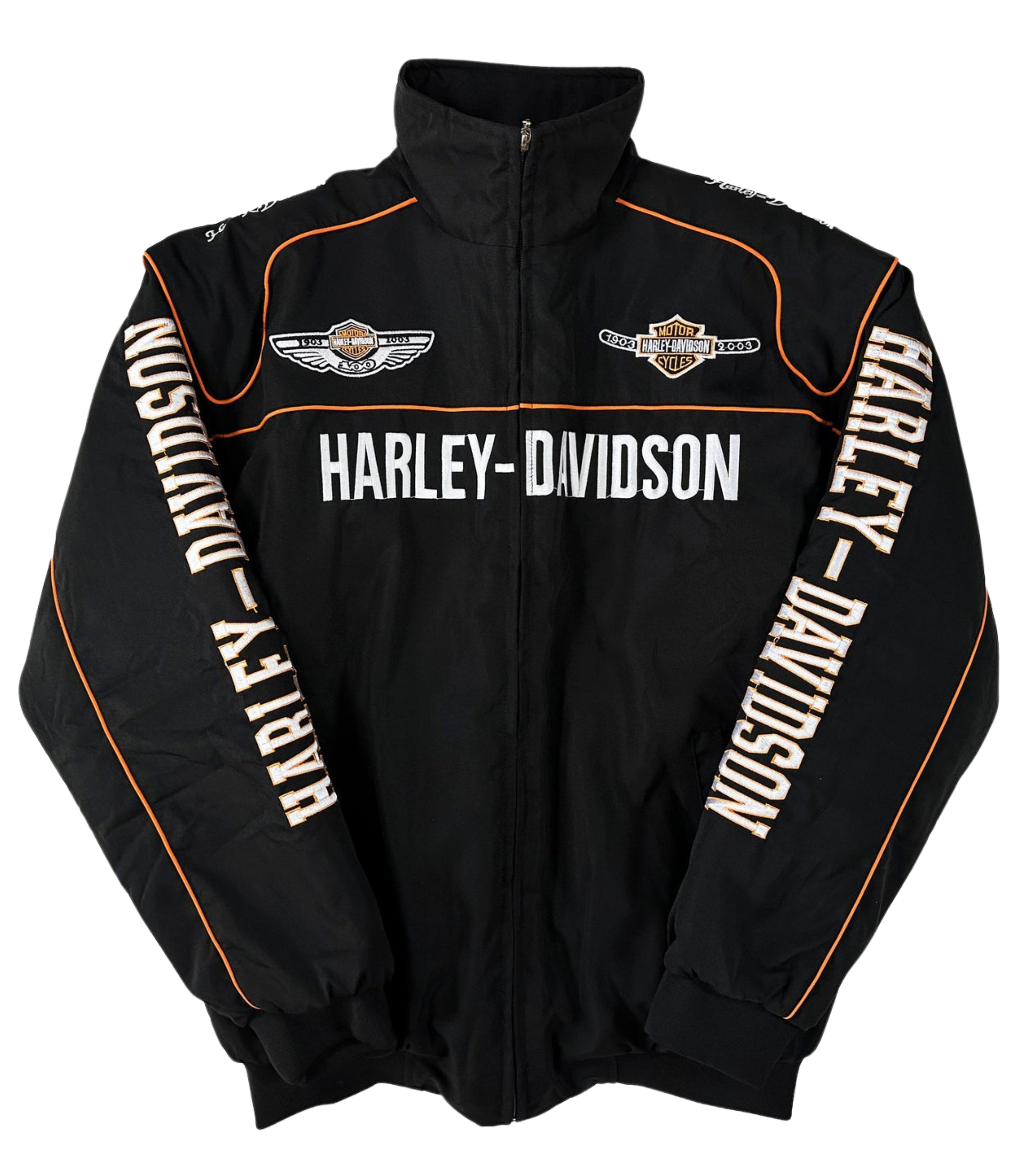 The Vintage Harley Davidson Jacket is black with orange piping and embroidered logos, featuring HARLEY-DAVIDSON across the chest and sleeves. This retro motorcycle jacket has a zip-up front and high collar for classic biker style.