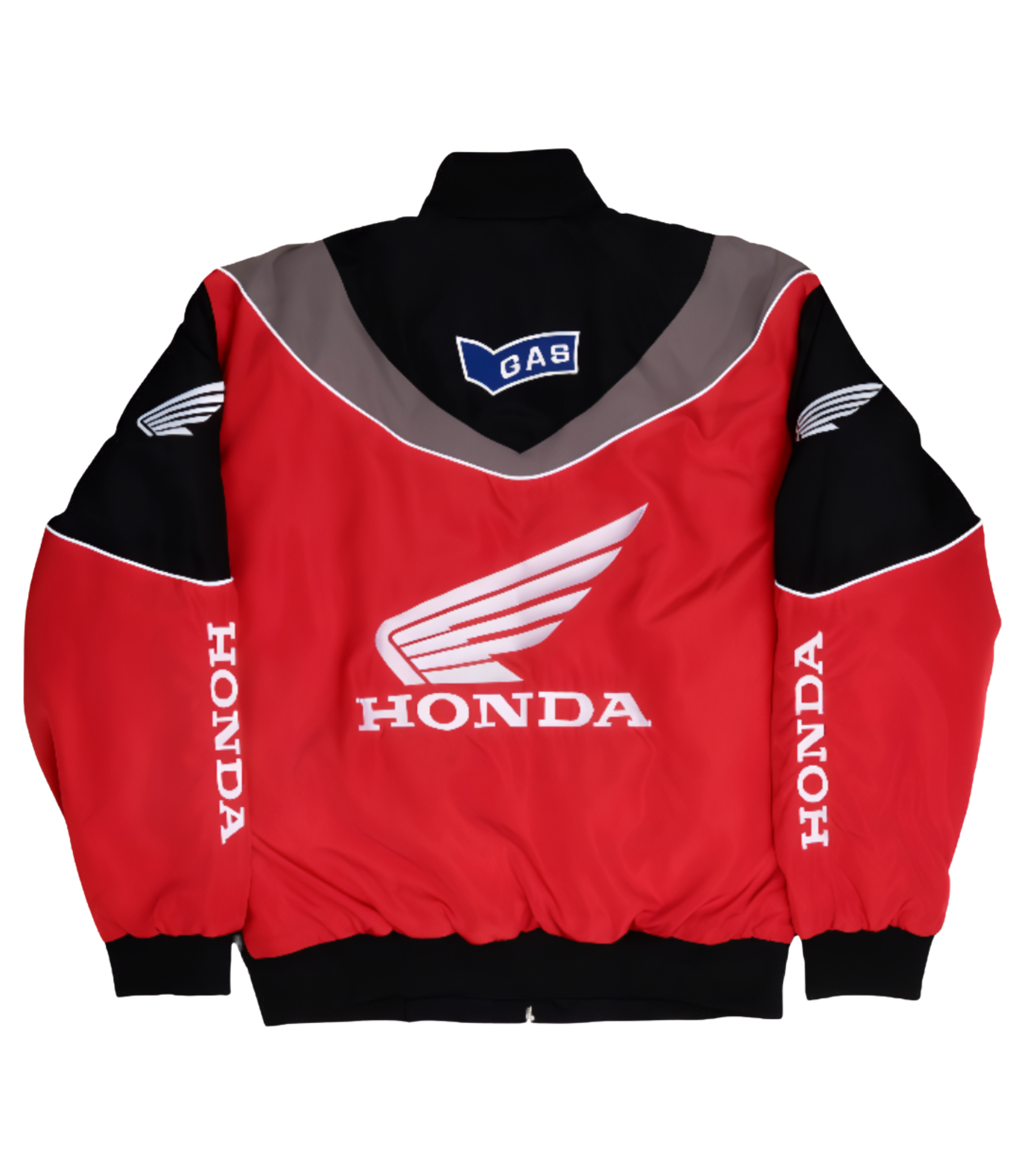 The Honda Vintage Racing Jacket in red and black features bold white Honda logos, wing emblems on the back and sleeves, and a blue GAS patch on the upper back for a classic vintage racing style.