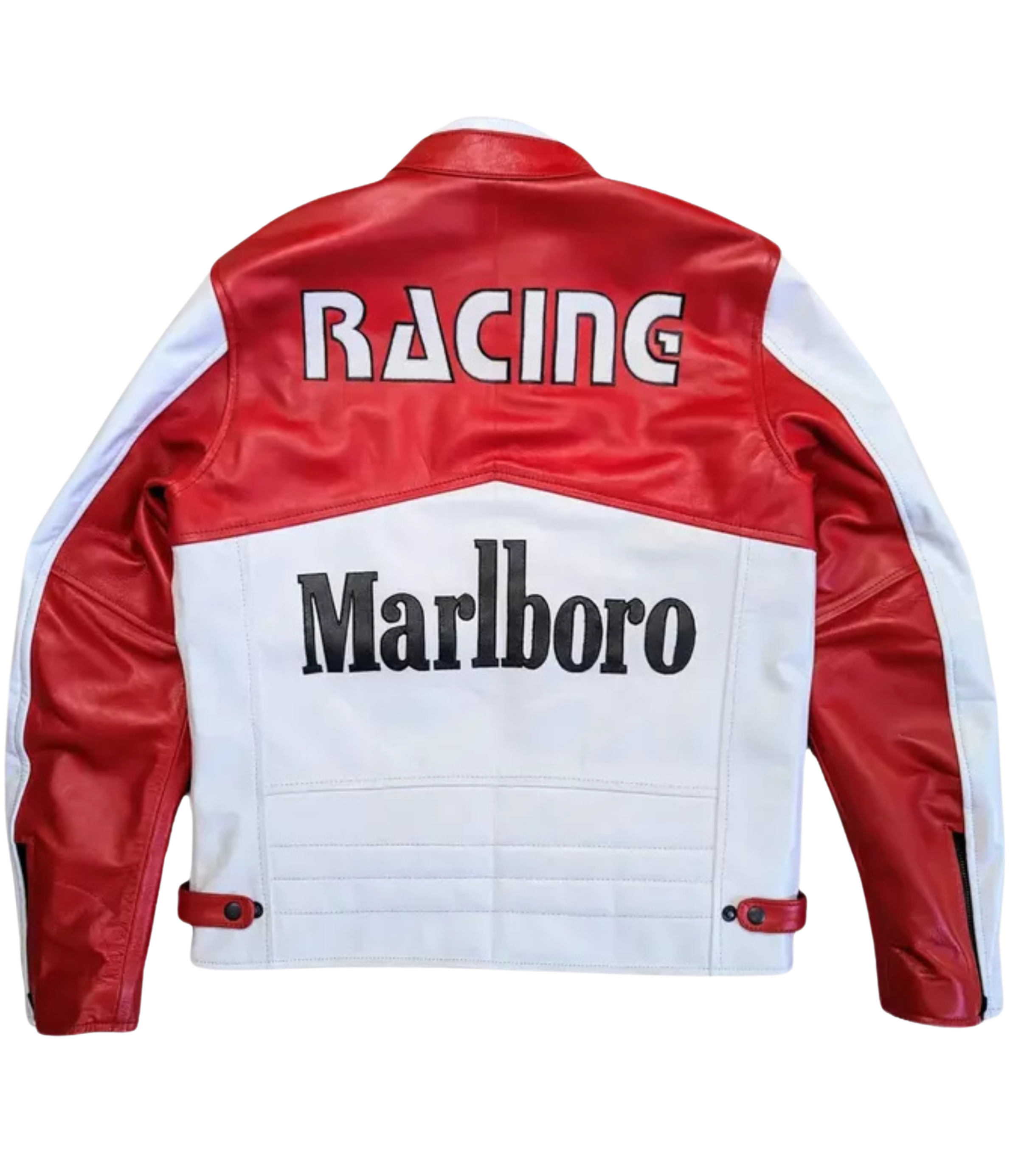 The Marlboro Racing Leather Jacket features red and white leather, bold “RACING” on the upper back, “Marlboro” on the lower back, and captures retro 90s F1 style.