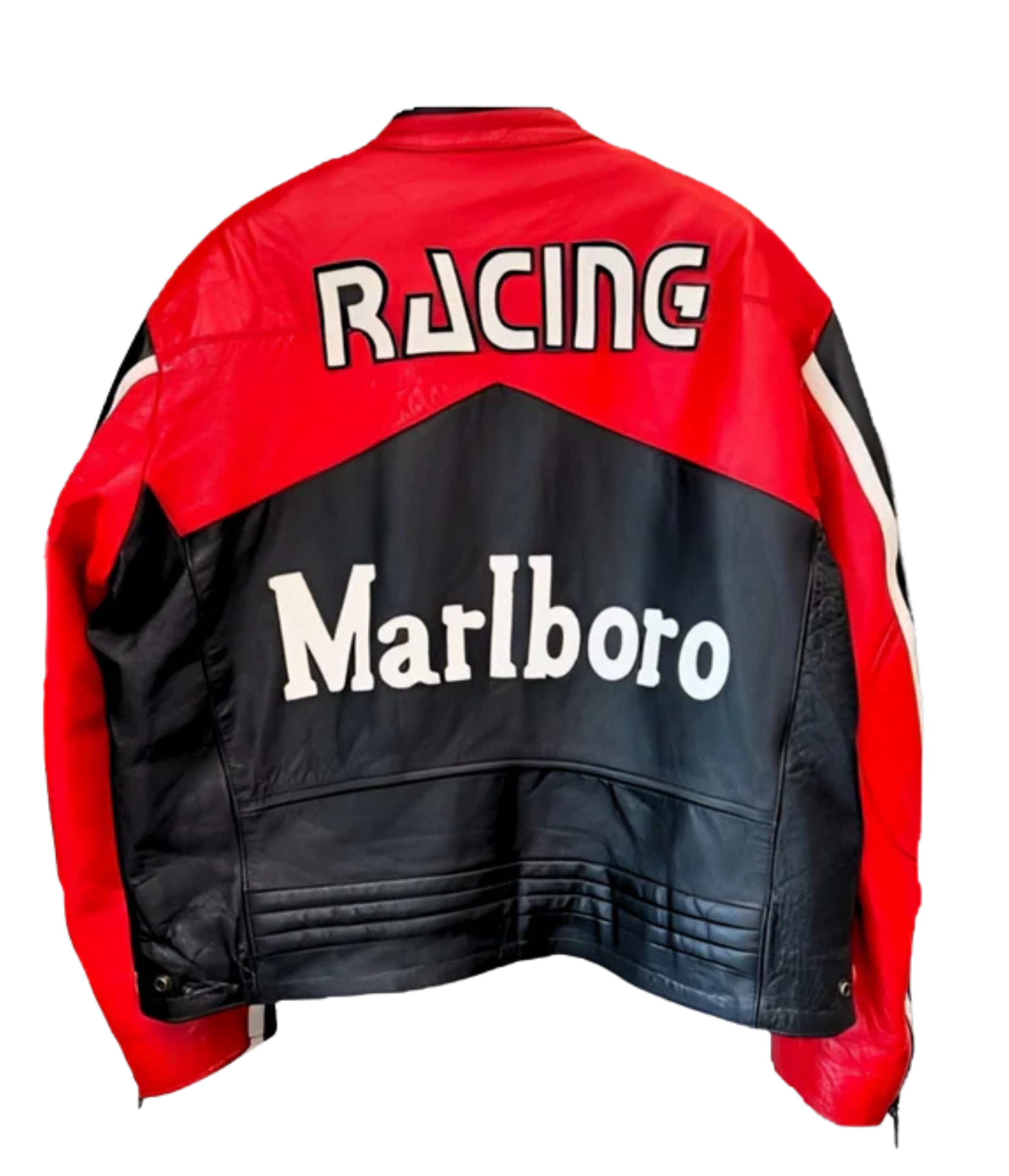 The Marlboro Racing Leather Jacket - Black Edition is a motorsport streetwear piece in black and red, featuring RACING in white on the upper back and a bold Marlboro logo on the lower back.