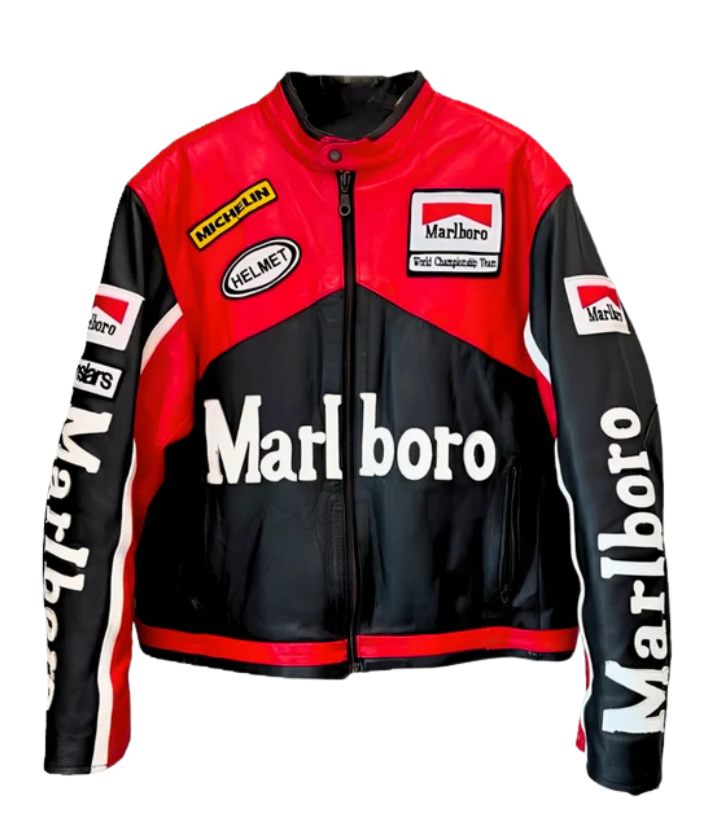 The Marlboro Racing Leather Jacket - Black Edition features bold red accents, large Marlboro logos on the chest and sleeves, and Michelin, HELMET, and World Championship Team patches—a true statement in motorsport streetwear.