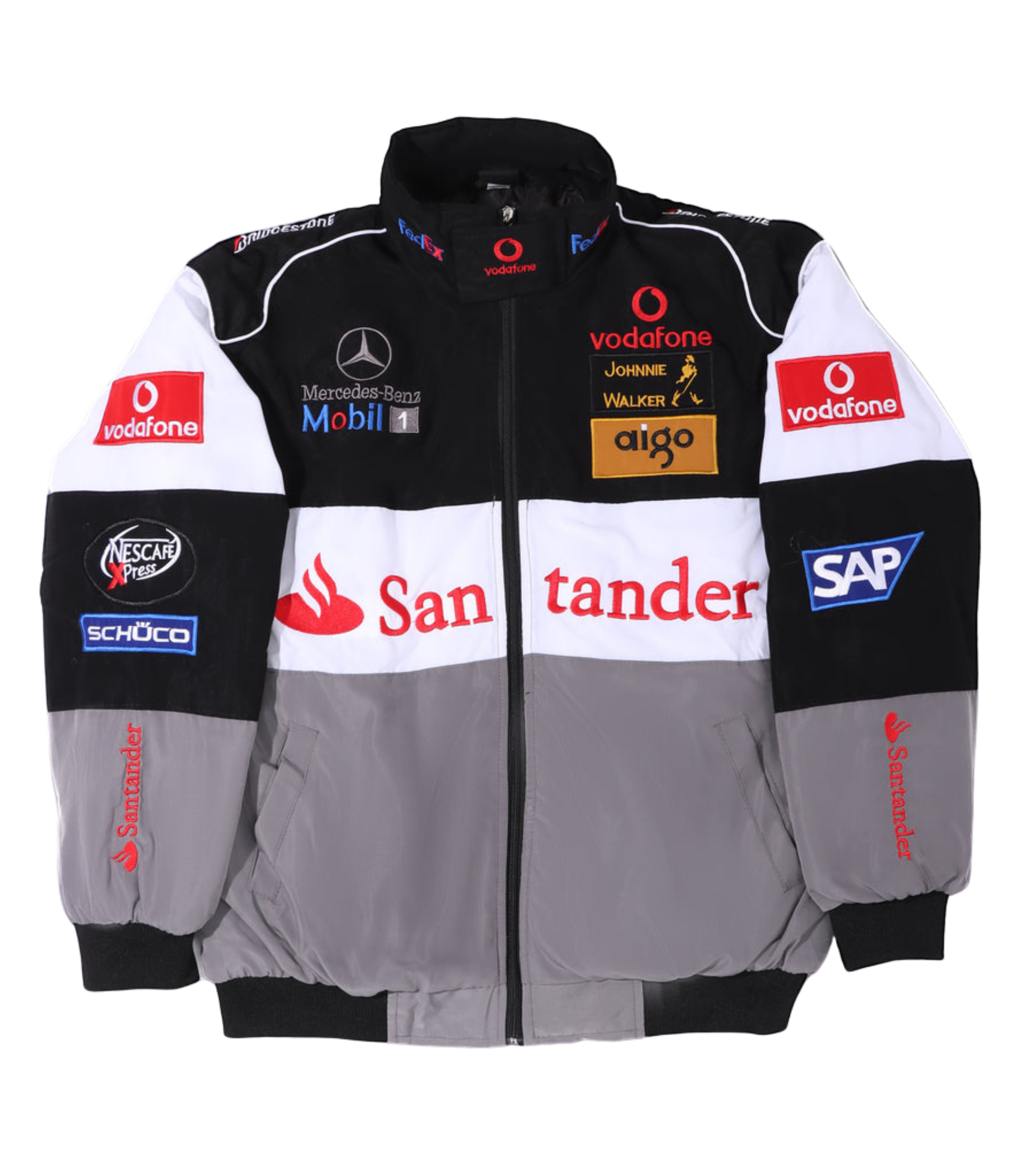 The McLaren F1 x Mercedes-Benz Vintage Jacket features black, white, and gray panels with Vodafone, Santander, SAP, Johnnie Walker, and Mercedes-Benz sponsor logos on the front, sleeves, and shoulders—a must-have for retro Formula 1 fans.