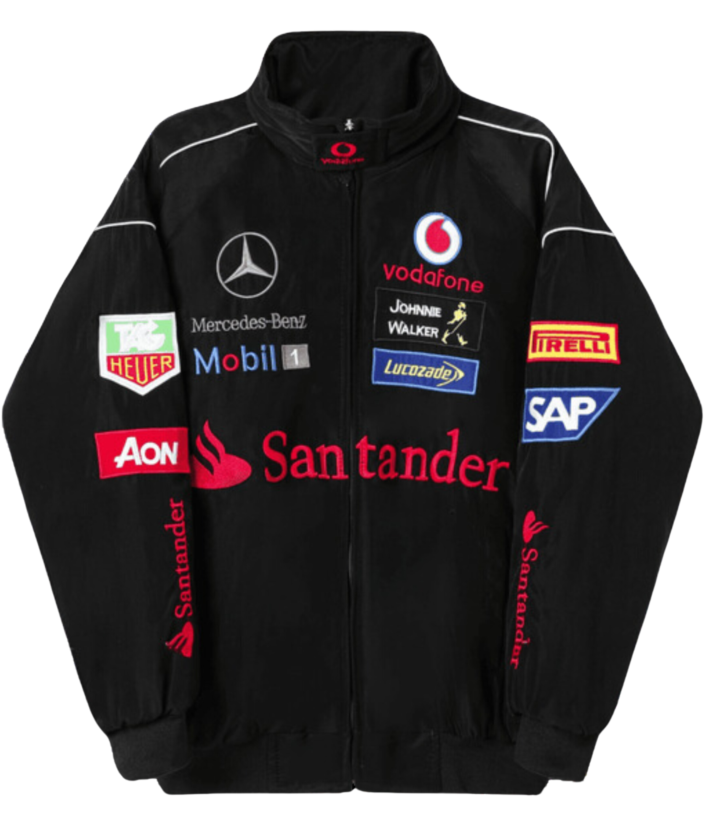 The Mercedes-Benz Santander Vintage Jacket features multiple embroidered sponsor logos, including Mercedes-Benz and Vodafone, capturing authentic motorsport heritage with its stealth racing style across the front, sleeves, and chest.