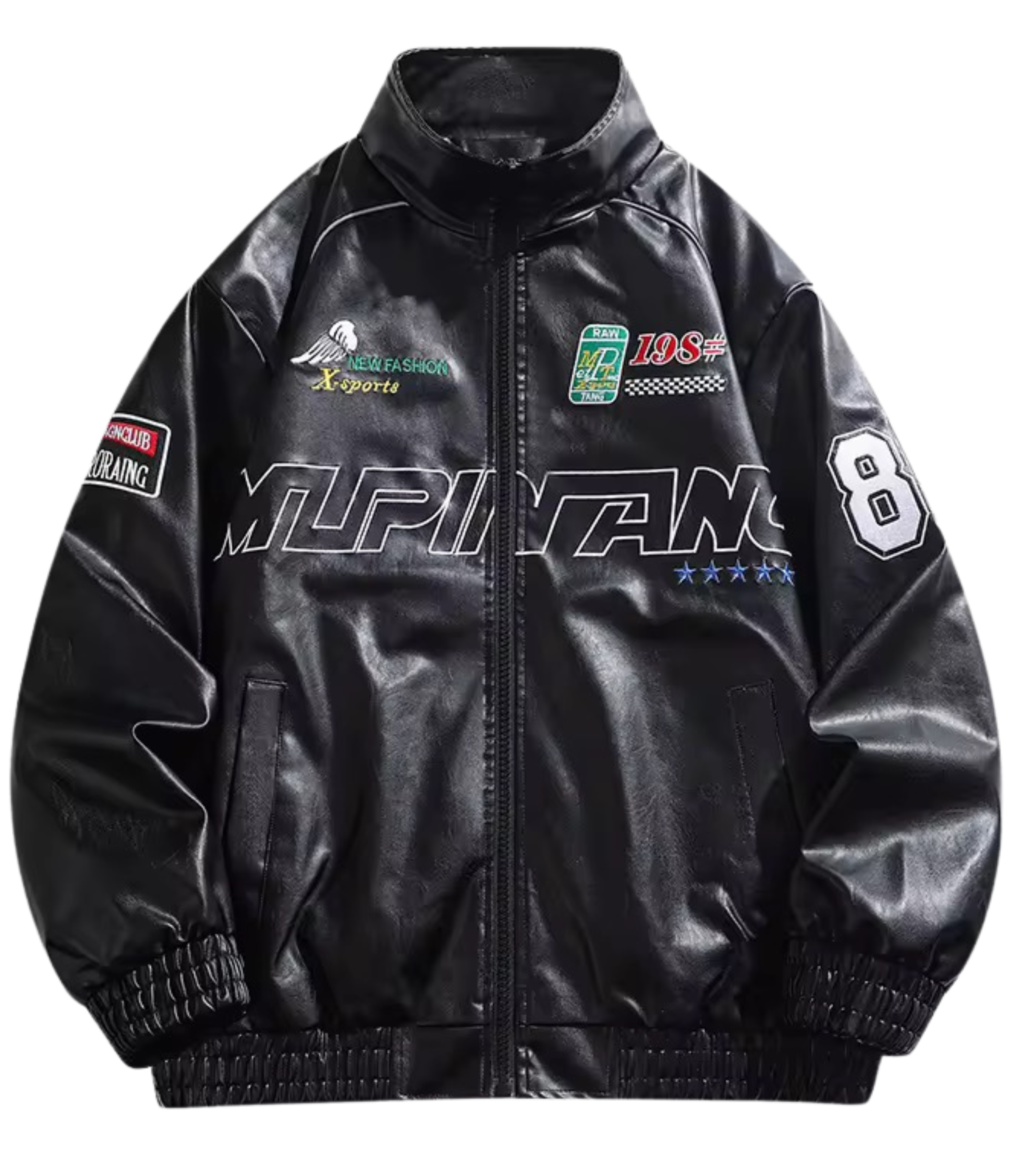 The LAP 85 Black Racing Jacket is F1-inspired with faux leather, embroidered 8 and MUPINIAN patches, sporty chest/sleeve graphics, a zip-up front, and elastic cuffs for an authentic vintage motorsport look.