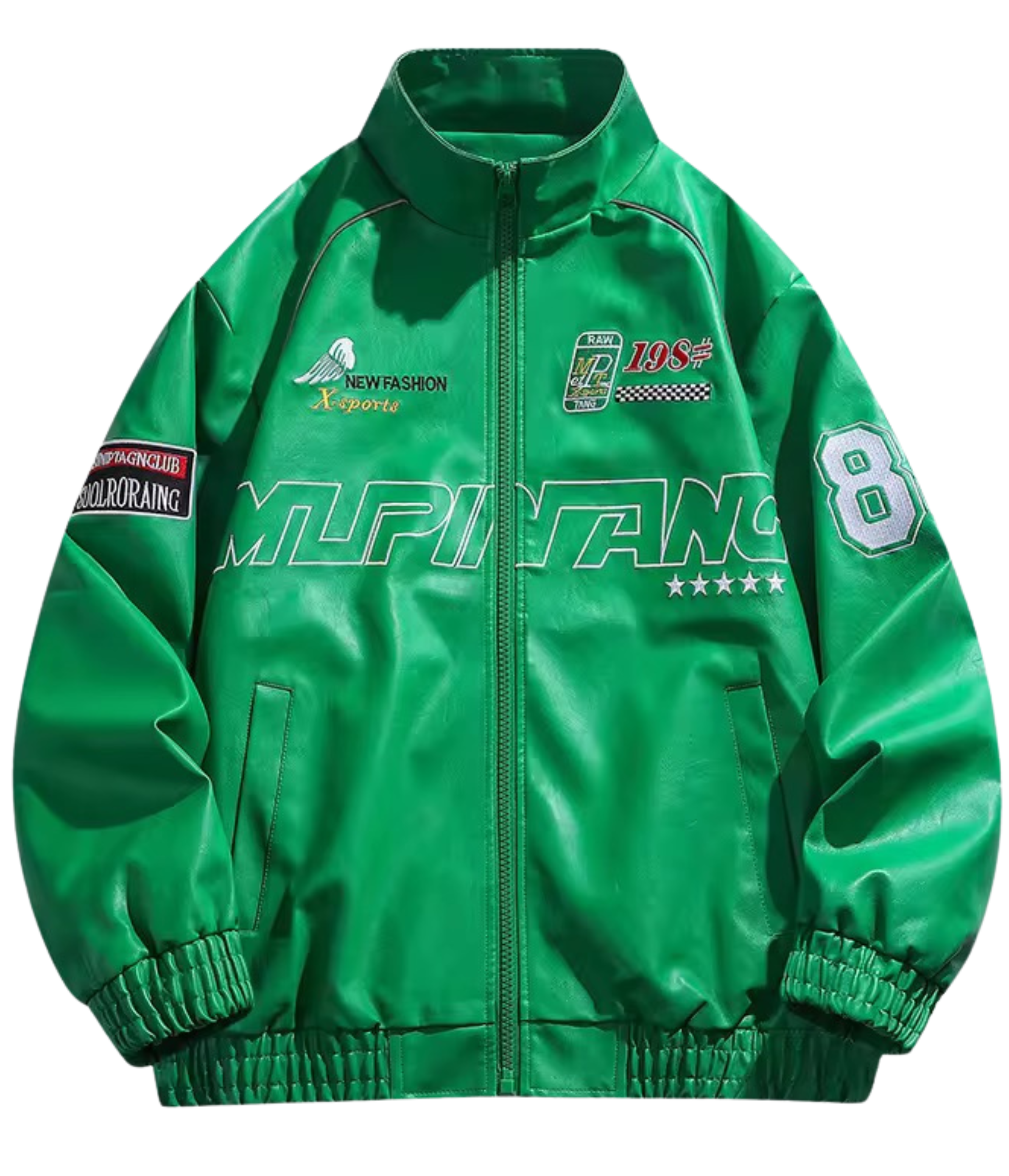 The LAP 85 Green Racing Jacket features a bright green design with racing-style patches, including a bold number 8 on the right sleeve, MUPINANG across the front, assorted logos and stars, elastic cuffs, and a classic zipper front.