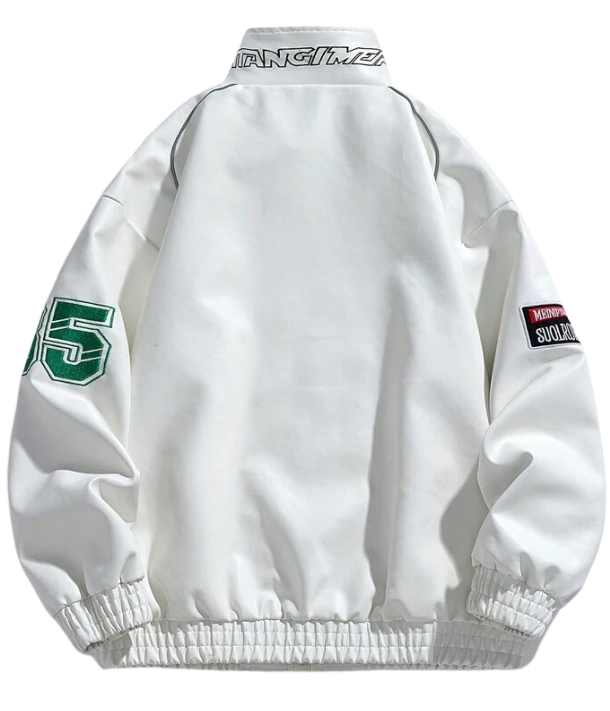 The LAP 85 White Racing Jacket features green 95 text on the left sleeve, a “MOMENT SOULCHAOS” patch on the right sleeve, and stylized collar lettering—a bold retro design with standout streetwear appeal.