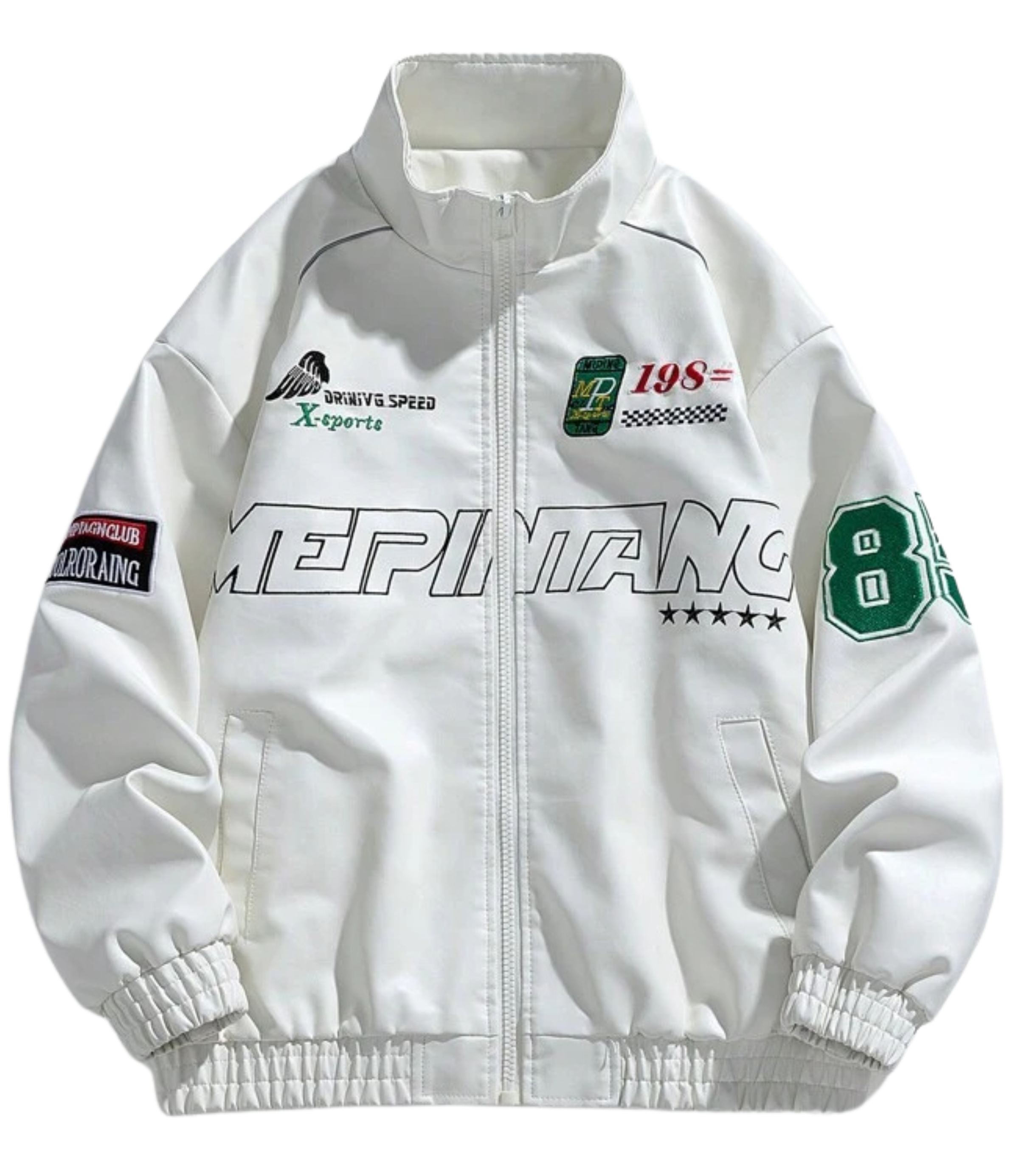 The LAP 85 White Racing Jacket features racing-themed patches, green and red numbers, MEPIANO text on the front, elastic cuffs and hem, plus retro stars and checkered flag graphics for authentic streetwear style.