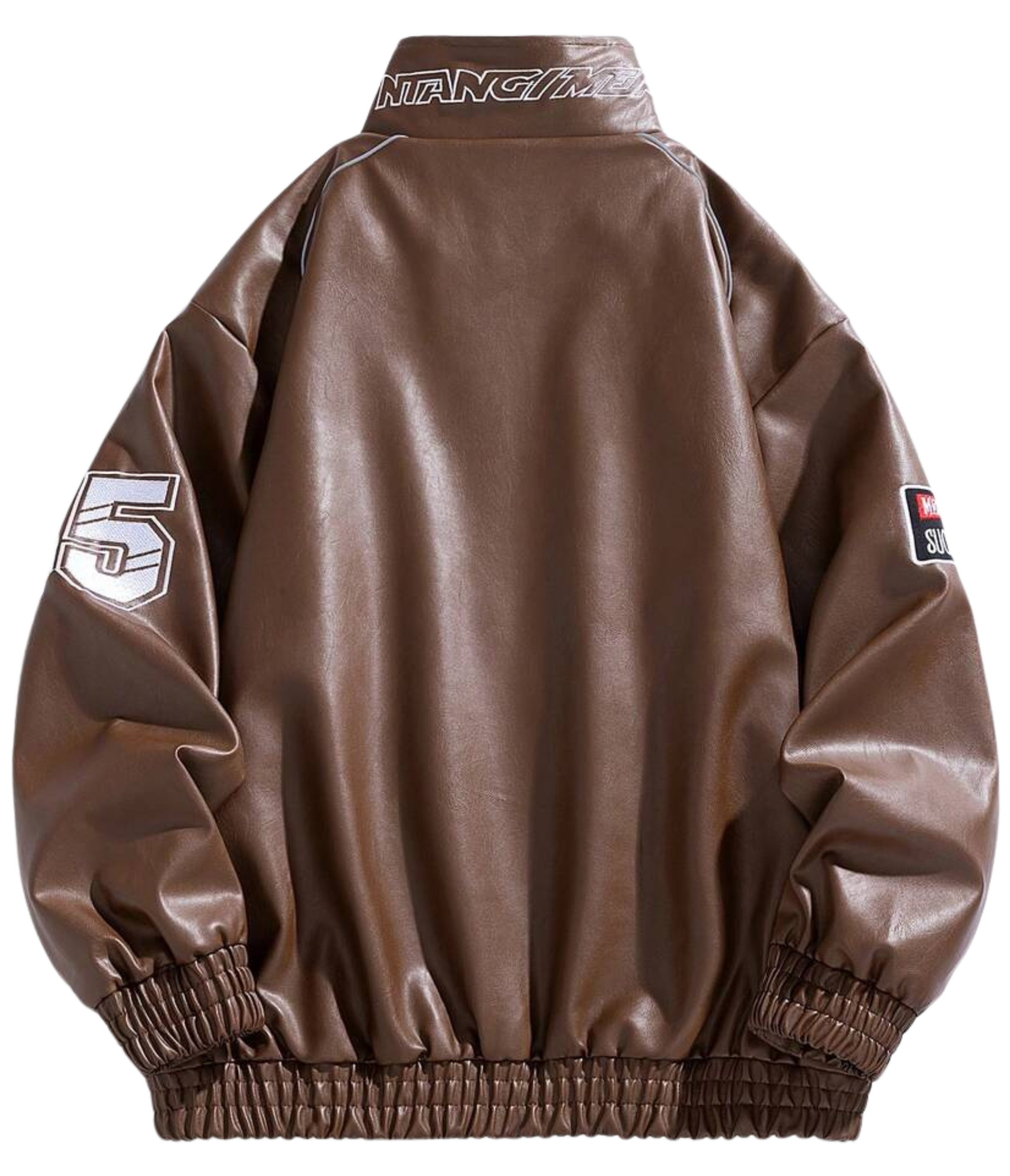 The LAP 85 Brown Racing Jacket channels an 80s driver vibe with a back view, elastic cuffs and waistband, white 5 on one sleeve, text patch on the other, and MUSTANG across the collar—a true vintage motorsport look.