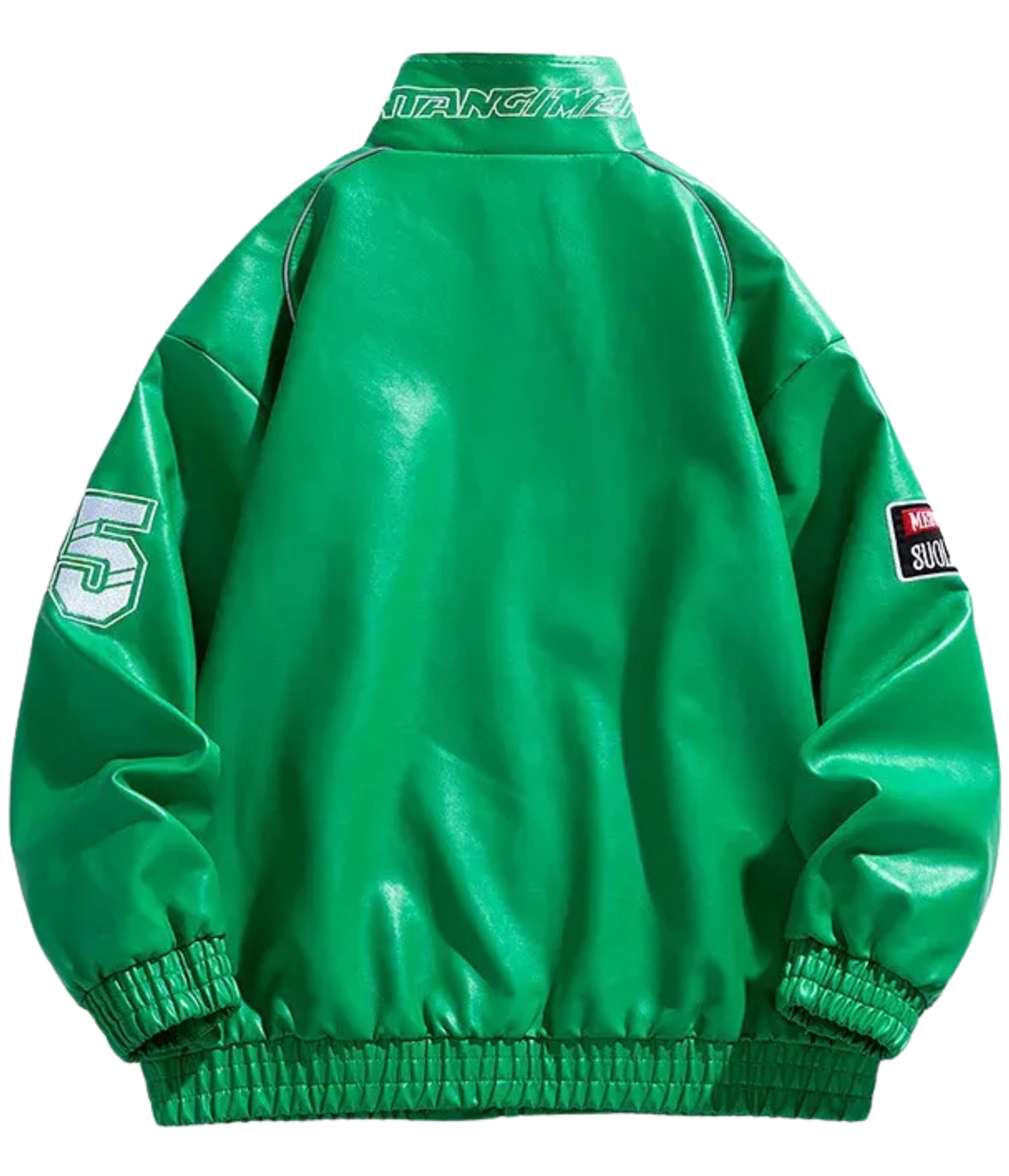 The LAP 85 Green Racing Jacket features a shiny bright green finish, elastic cuffs and hem, a white 5 on the right sleeve, black and red motorsport streetwear patch on the left sleeve, and text on the collar. Shown from the back.