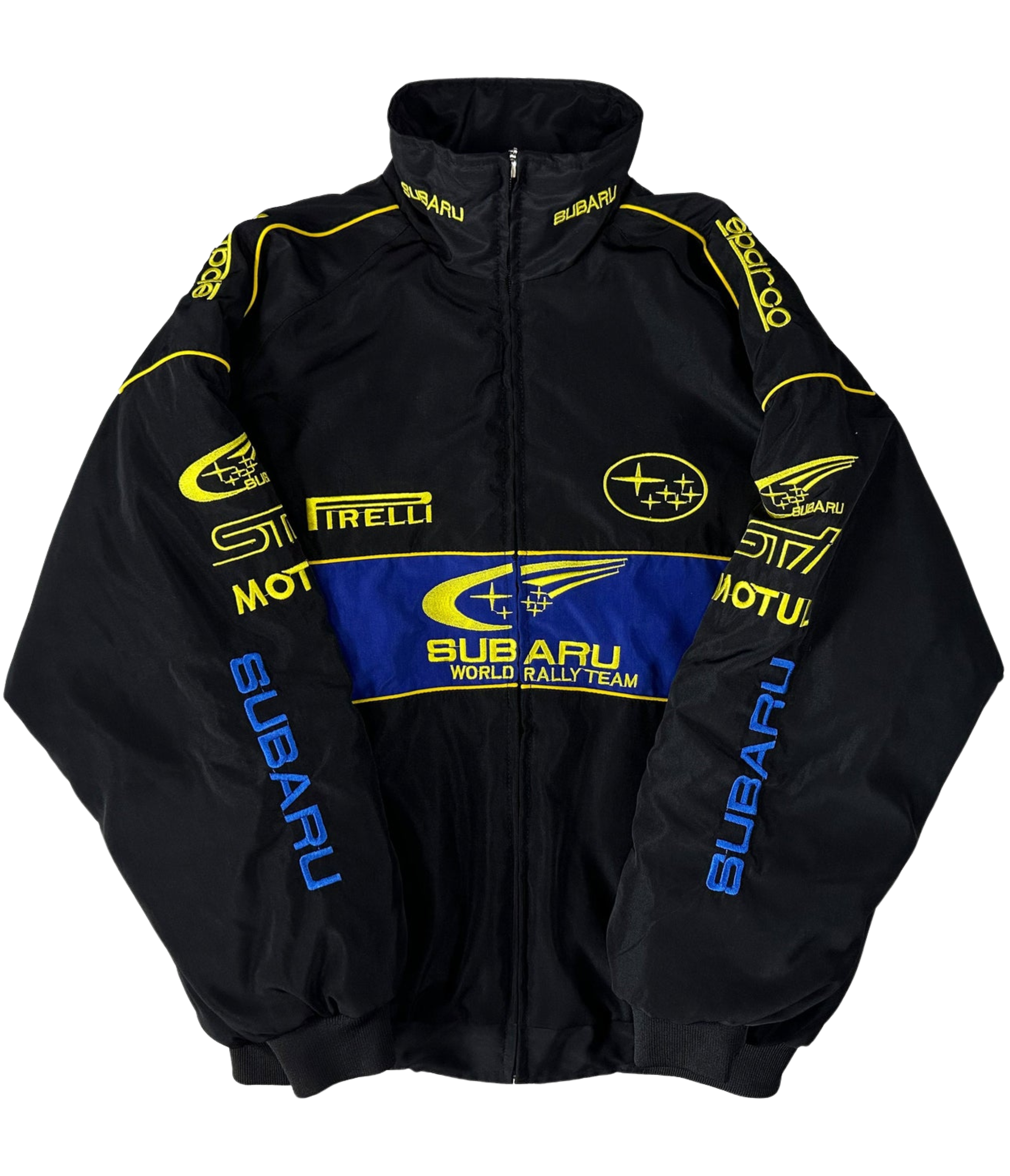 The Subaru Rally Vintage Racing Jacket is a black jacket with bold yellow and blue STI, Pirelli, Motul, and SUBARU logos on the front, sleeves, and shoulders—a vintage piece that proudly celebrates rally heritage.