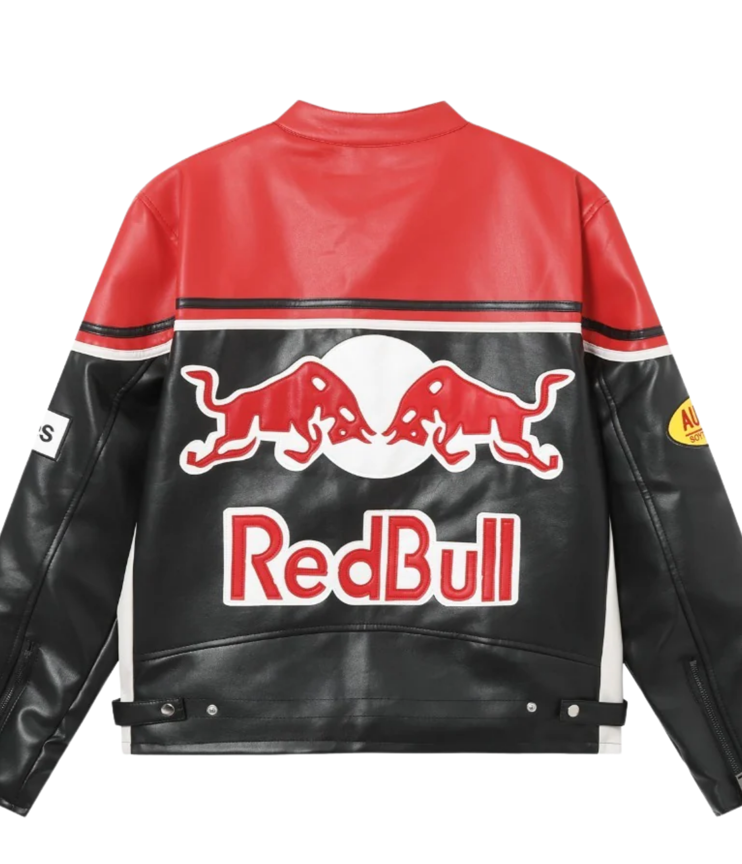 The Red Bull Leather Racing Jacket features a bold black and red design, eye-catching logos, two red bulls on the back, and sponsor patches on the sleeves—ideal for expressing your racing heritage.