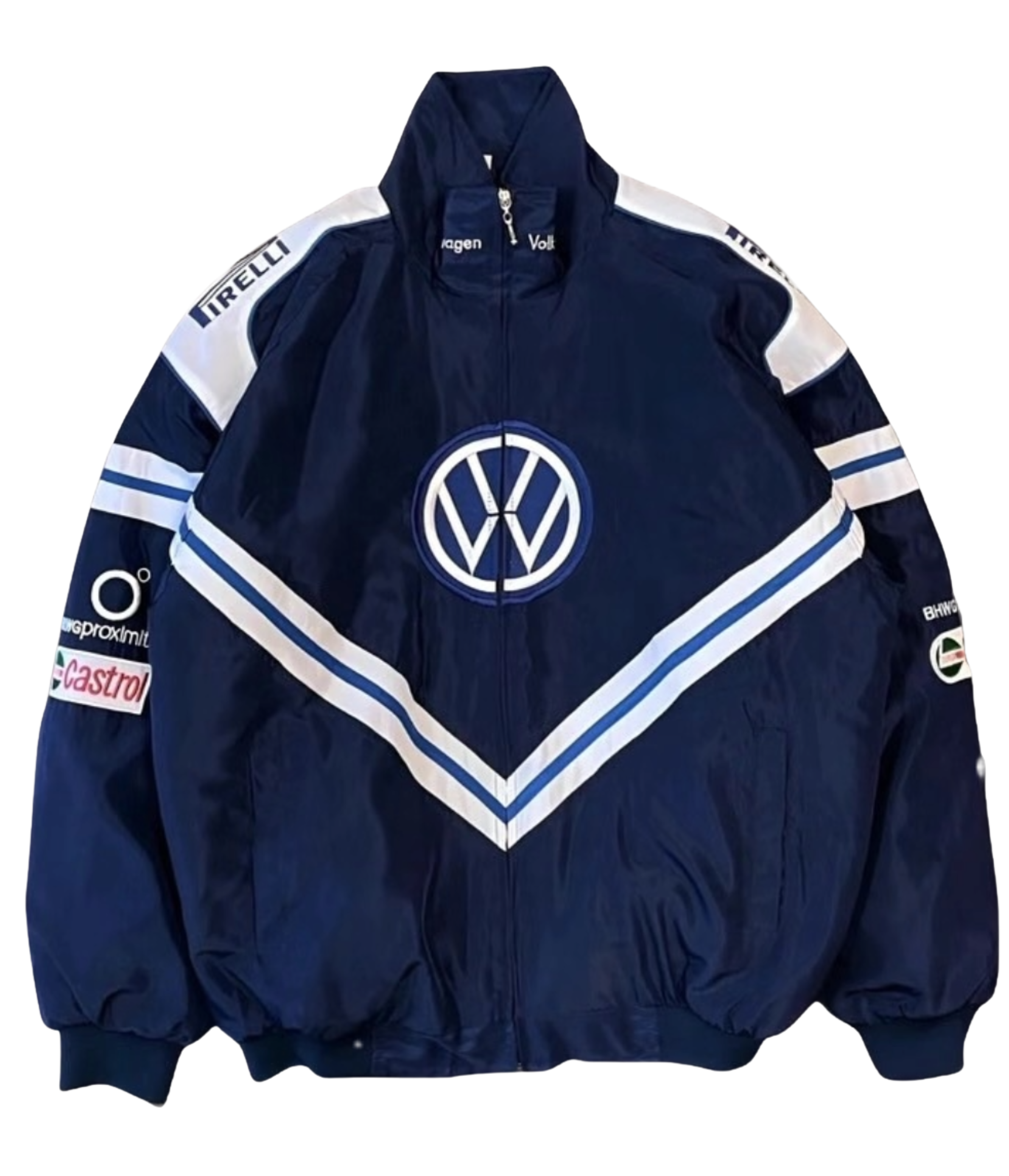 The Volkswagen Vintage Racing Jacket in navy blue features a front logo, white and blue V-stripes, and sponsor badges like Pirelli and Castrol—a must-have for retro automotive and motorsport enthusiasts.