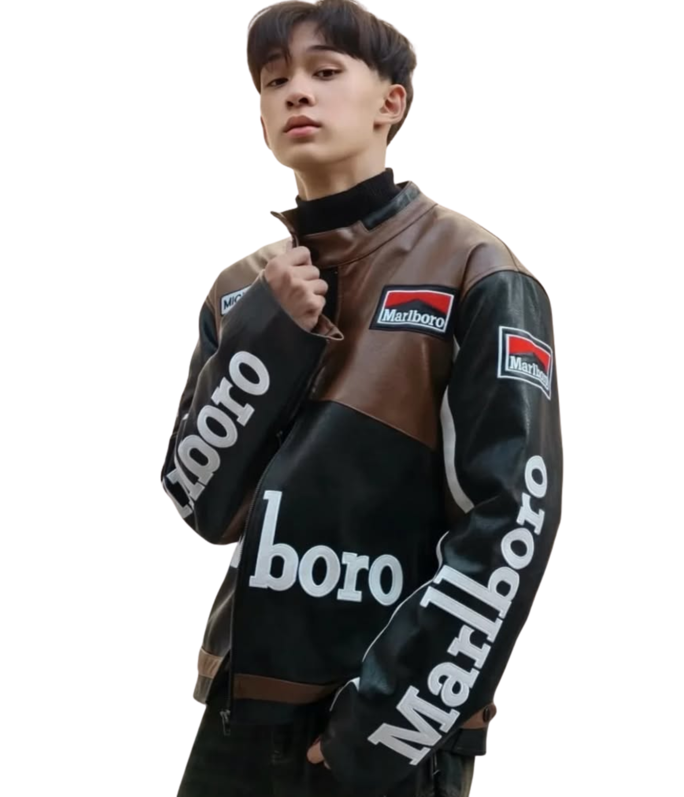 A young man poses in the Marlboro Racing Leather Jacket - Retro Edition, featuring bold white text and logos on the chest, sleeves, and shoulder, set against a plain white background.