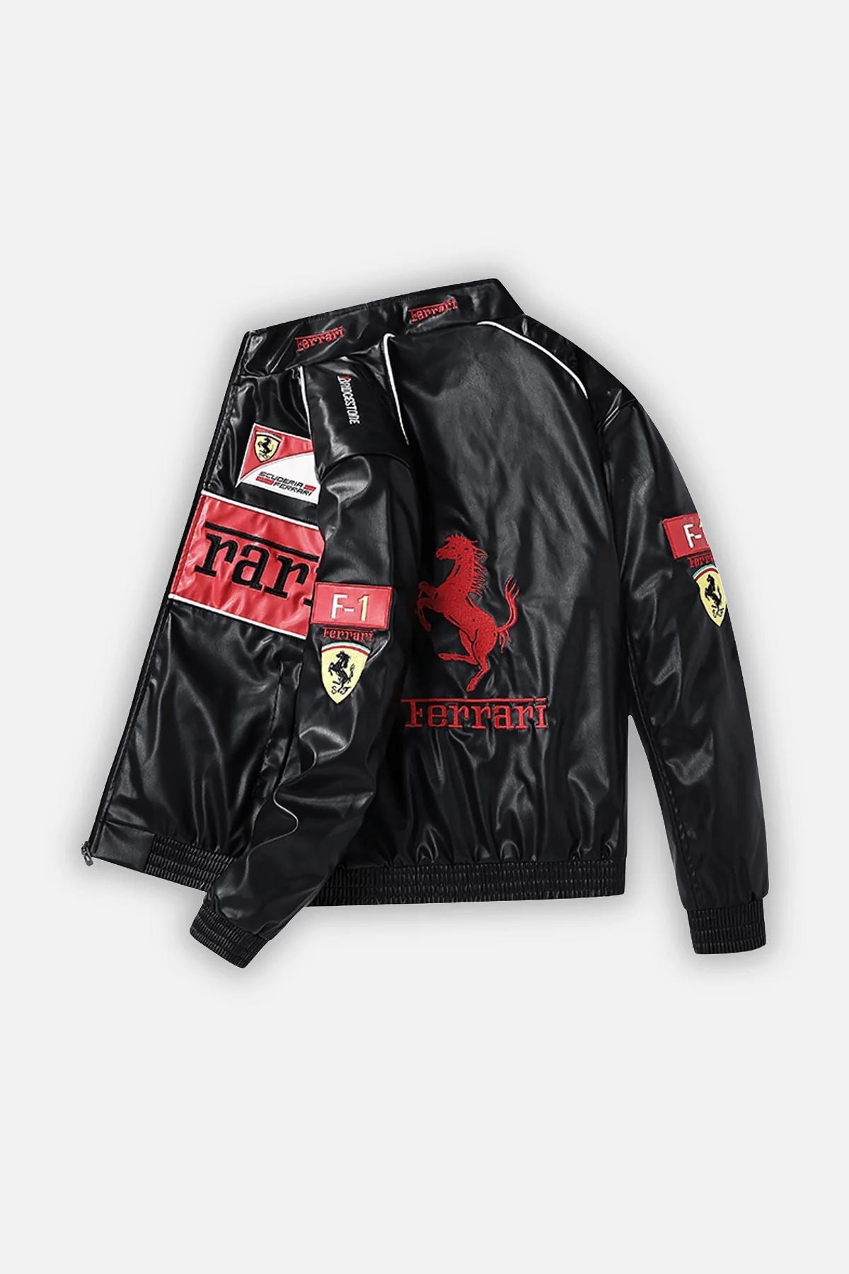 The Ferrari F1 Vintage Racing Leather Jacket - Red Edition features bold Ferrari logos, F-1 and Scuderia badges, racing accents, and classic vintage style—perfect for true Ferrari enthusiasts.