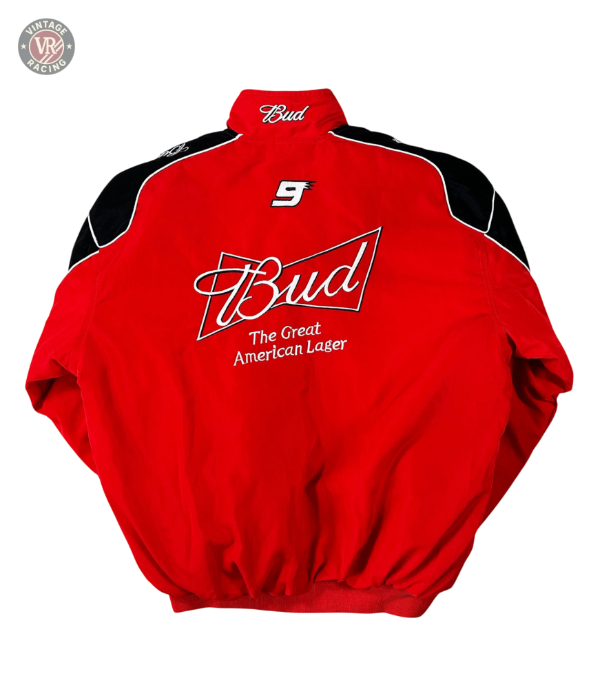Budweiser Racing Vintage Jacket - NASCAR Red Edition features a white Bud logo, The Great American Lager text, black and white shoulder accents, and a bold white number 9 on the back—a must-have for motorsport fans.