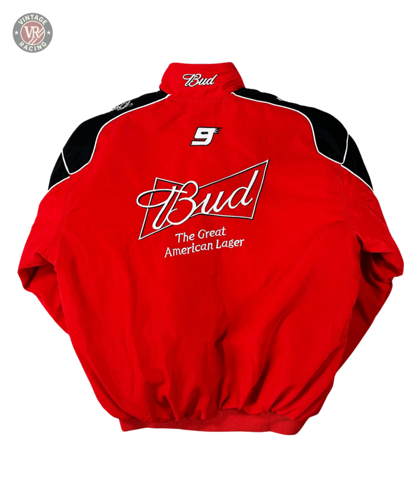 Budweiser Racing Vintage Jacket - NASCAR Red Edition features a white Bud logo, The Great American Lager text, black and white shoulder accents, and a bold white number 9 on the back—a must-have for motorsport fans.