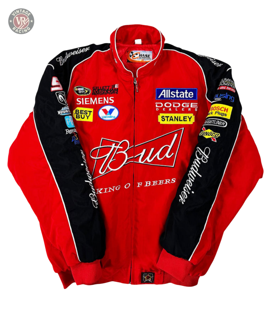 The Budweiser Racing Vintage Jacket - NASCAR Red Edition features striking red and black colors with Budweiser, Allstate, Dodge, Siemens, Best Buy, and Stanley sponsor logos across the front and sleeves.