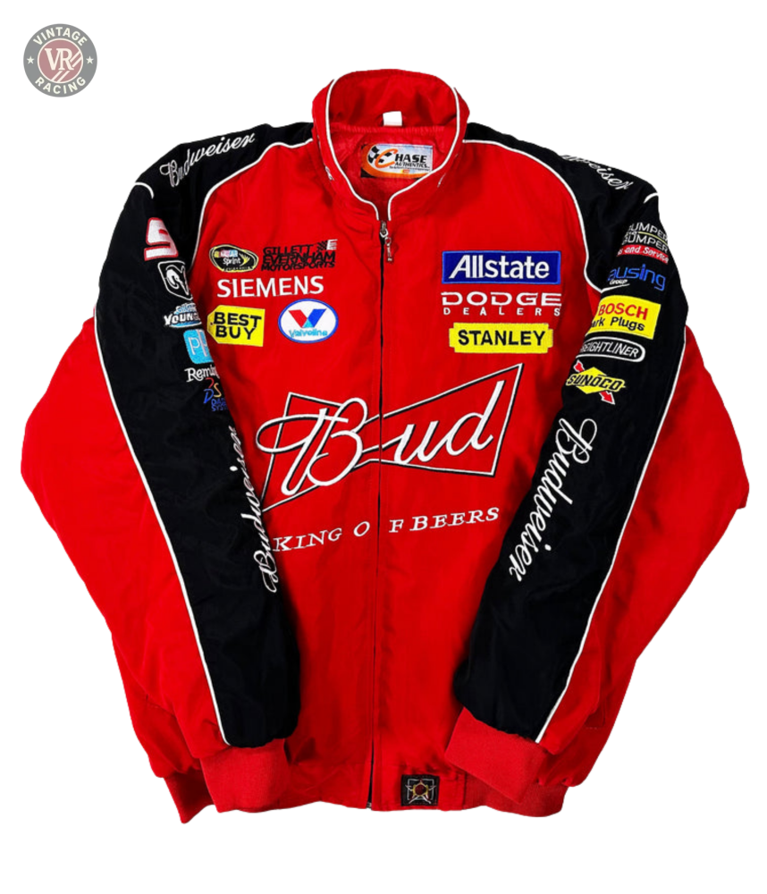 The Budweiser Racing Vintage Jacket - NASCAR Red Edition features striking red and black colors with Budweiser, Allstate, Dodge, Siemens, Best Buy, and Stanley sponsor logos across the front and sleeves.