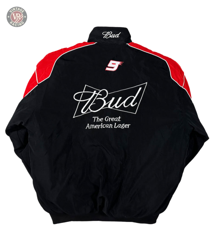 The Budweiser Vintage Racing Jacket - NASCAR Black Edition showcases Bud The Great American Lager on the back, a bold red and white number 9, and Bud collar embroidery—a classic vintage racing look.