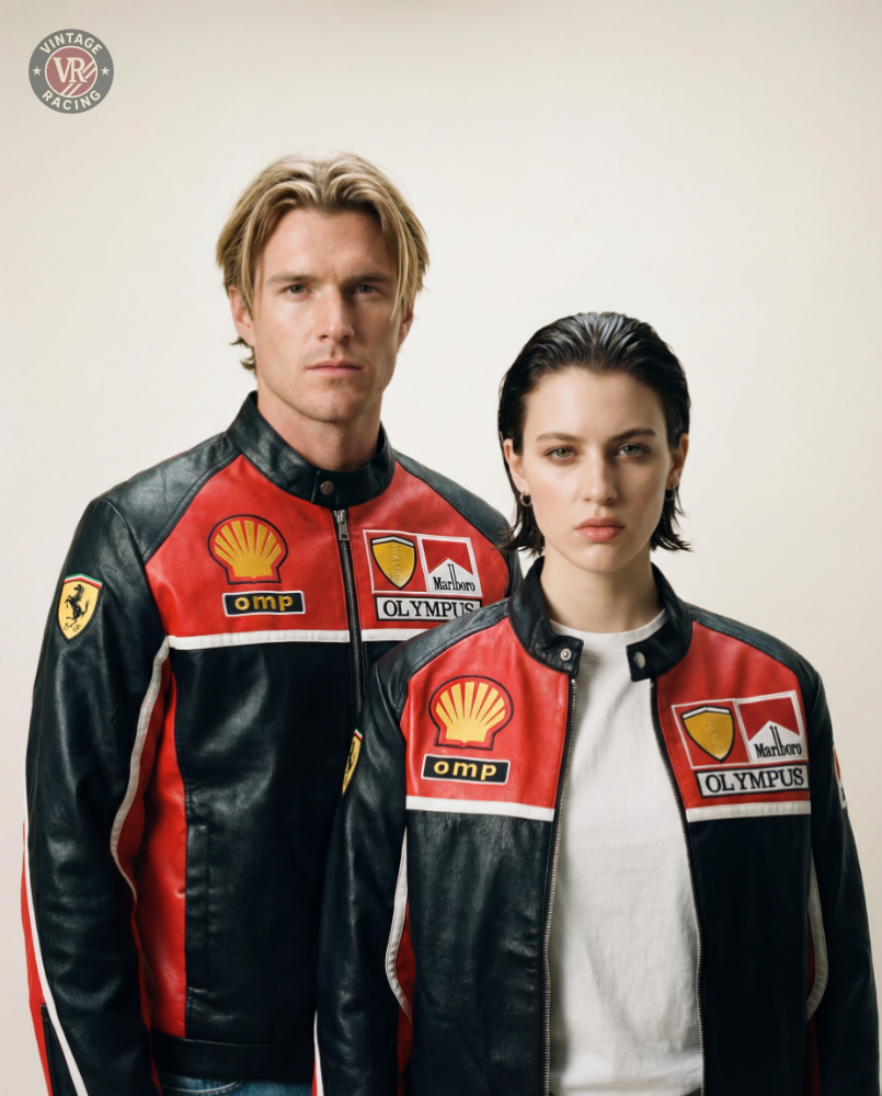 A man and a woman wear matching F1 Leather Jacket - Olympus Edition styles in black and red, featuring Shell, Olympus, OMP, Marlboro, and Ferrari logos as they stand side by side against a plain background.