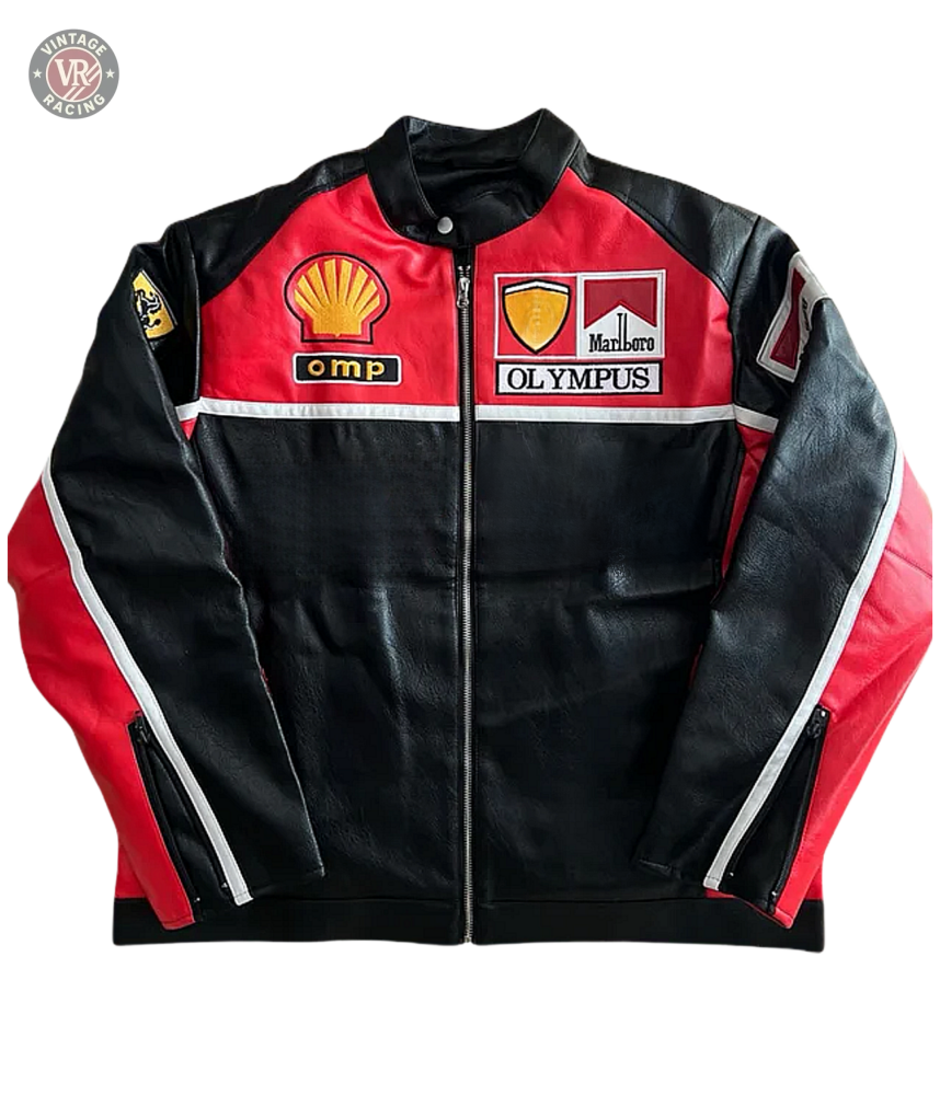 The F1 Leather Jacket - Olympus Edition is a black and red motorsport racing jacket with Shell, Marlboro, Olympus, OMP patches and a Ferrari logo, shown on a white background.