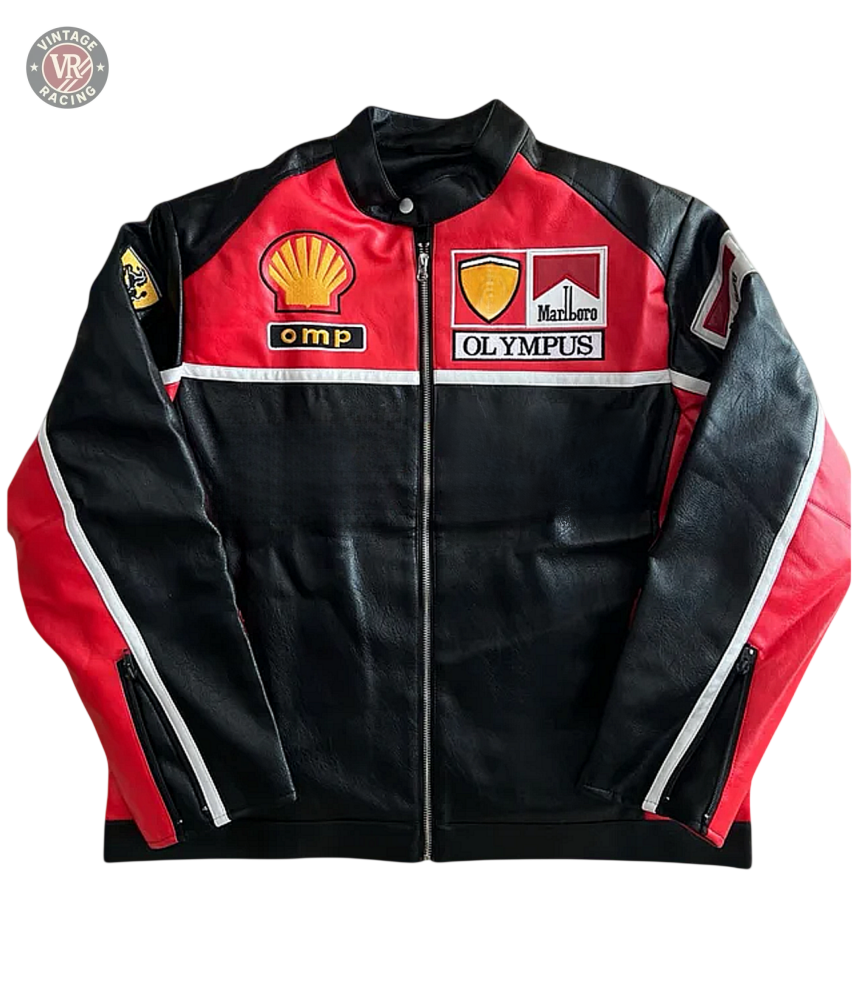 The F1 Leather Jacket - Olympus Edition is a black and red motorsport racing jacket with Shell, Marlboro, Olympus, OMP patches and a Ferrari logo, shown on a white background.