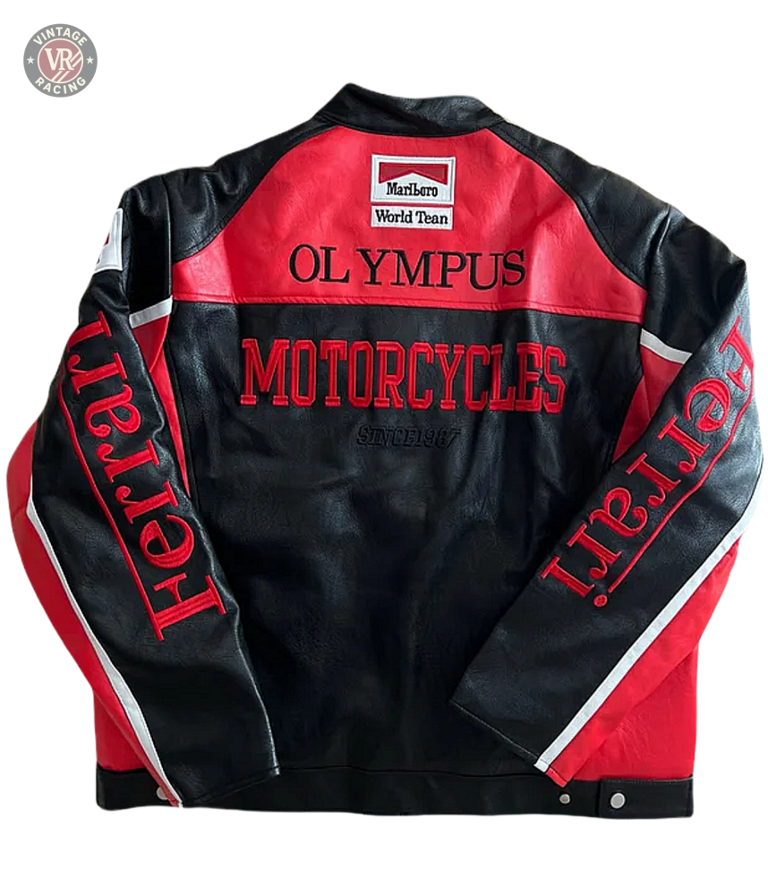 The F1 Leather Jacket - Olympus Edition features a black and red motorsport design with OLYMPUS MOTORCYCLES and Ferrari on the back, Marlboro and World Team patches, plus white sleeve stripes—a tribute to racing heritage.