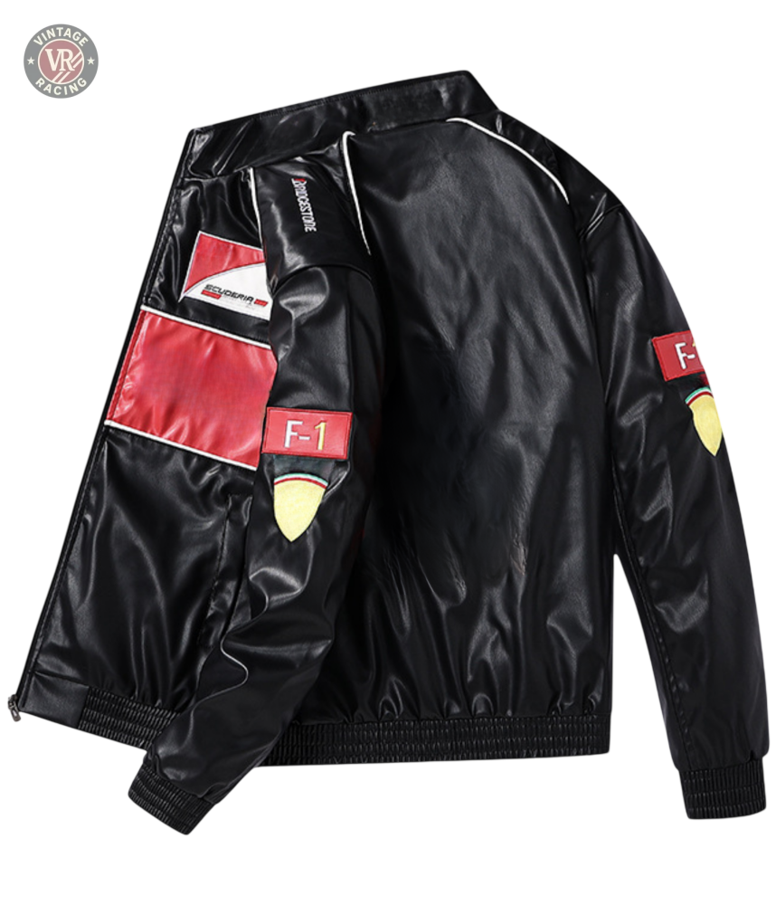 The F1 Vintage Leather Jacket - Red Edition features black leather with red and white racing patches, F-1 on the sleeves, a racing logo on the chest, and a bold red center stripe, shown against a light background.