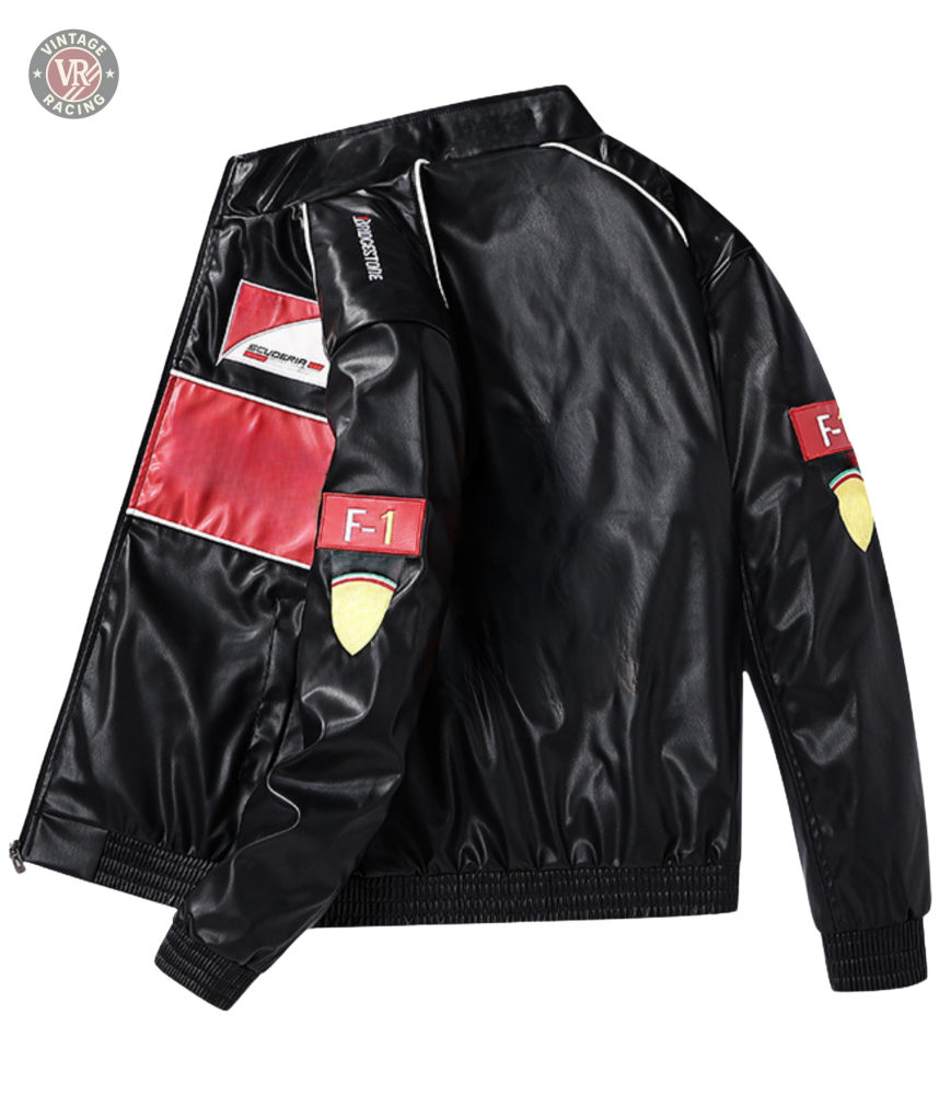 The F1 Vintage Leather Jacket - Red Edition features black leather with red and white racing patches, F-1 on the sleeves, a racing logo on the chest, and a bold red center stripe, shown against a light background.