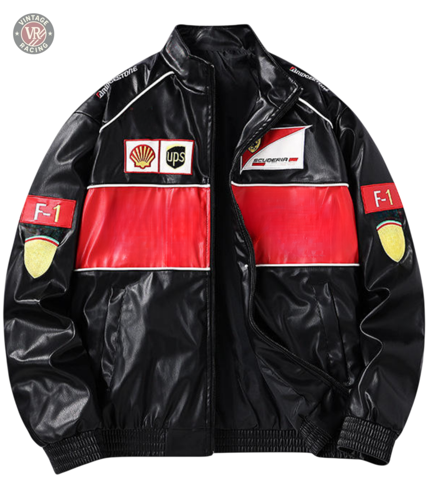 The F1 Vintage Leather Jacket - Red Edition features a bold red center stripe, Ferrari and F1 patches, Shell and UPS logos, plus sleeve shield emblems—an iconic vegan jacket for motorsport fans.