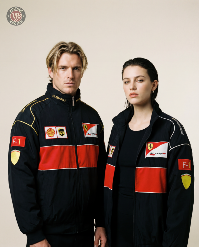 A man and woman stand side by side wearing matching F1 Vintage Leather Jacket - Red Edition, featuring black leather with red stripes and sponsor logos, posing against a plain beige background.