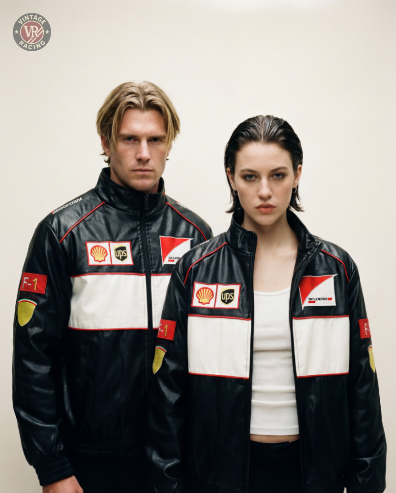 A man and a woman stand side by side in matching F1 Vintage Leather Jacket - White Edition, featuring Shell, UPS, and racing patches. Against a plain background, their serious expressions embody motorsport streetwear style.