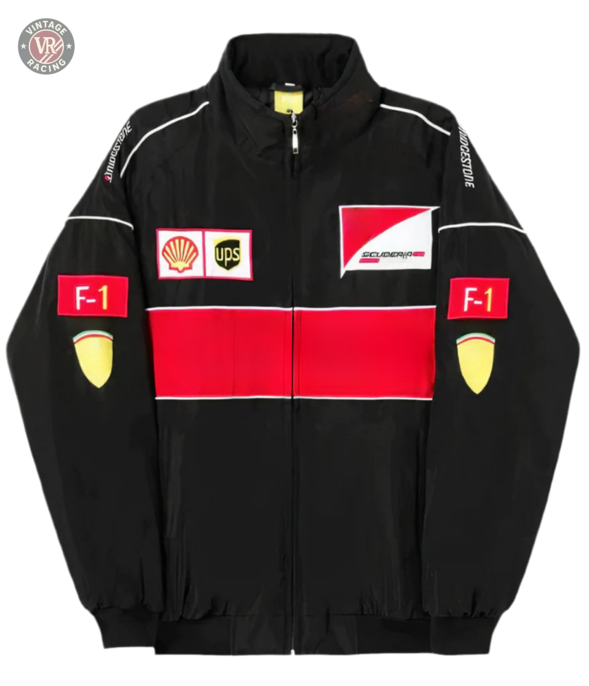 The F1 Vintage Racing Jacket - Black Edition features red and white stripes plus Scuderia Ferrari, Shell, UPS, and Bridgestone logos on the front, sleeves, and shoulders for classic motorsport style.