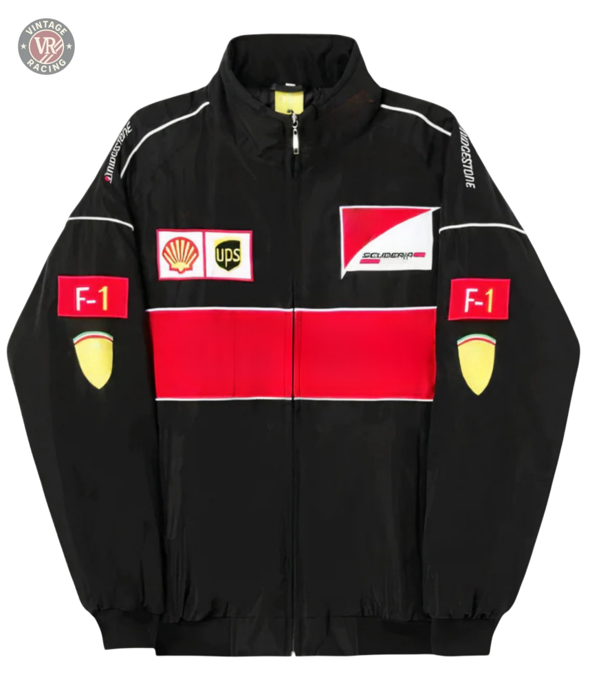 The F1 Vintage Racing Jacket - Black Edition features red and white stripes plus Scuderia Ferrari, Shell, UPS, and Bridgestone logos on the front, sleeves, and shoulders for classic motorsport style.