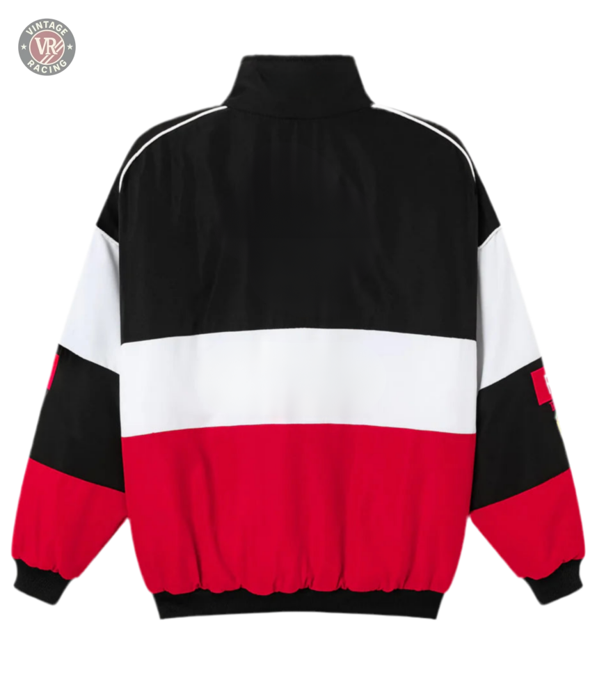 The F1 Vintage Racing Jacket - Classic Edition features a high collar, black, white, and red horizontal stripes, long sleeves with black cuffs, and a loose fit—ideal for motorsport fans.