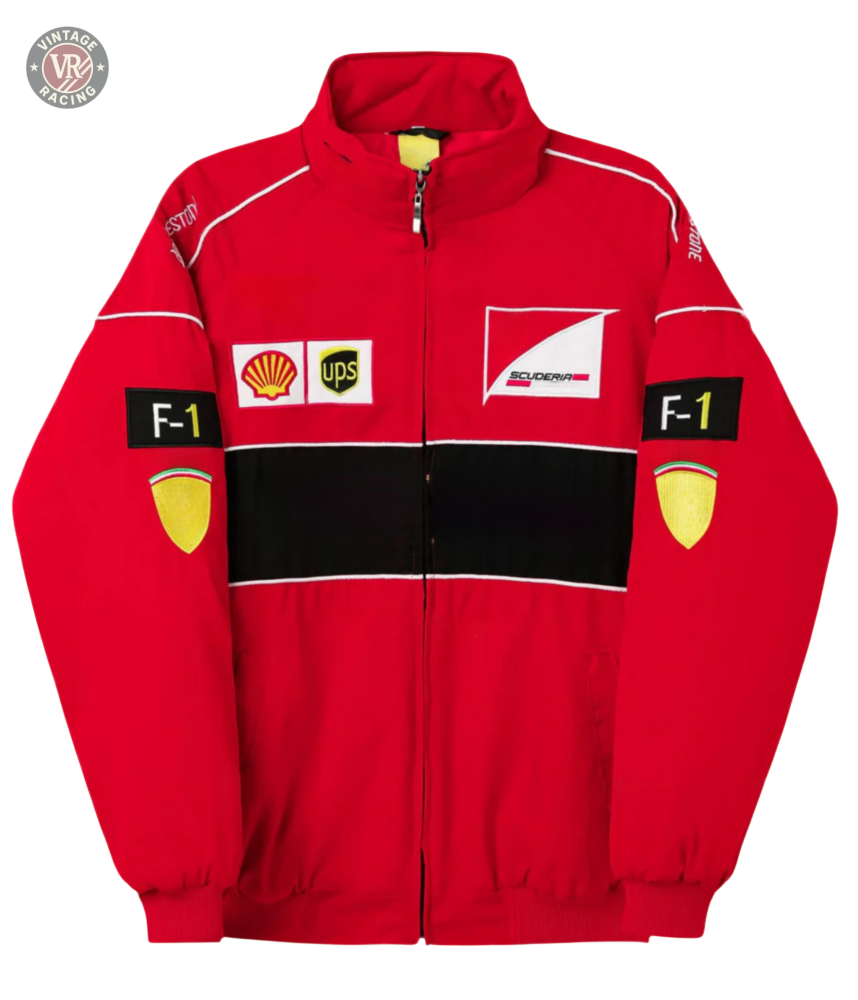 The F1 Vintage Racing Jacket - Red Edition features a Ferrari red design with black and white accents plus embroidered Shell, UPS, F-1, and Scuderia Ferrari patches on the front and sleeves.