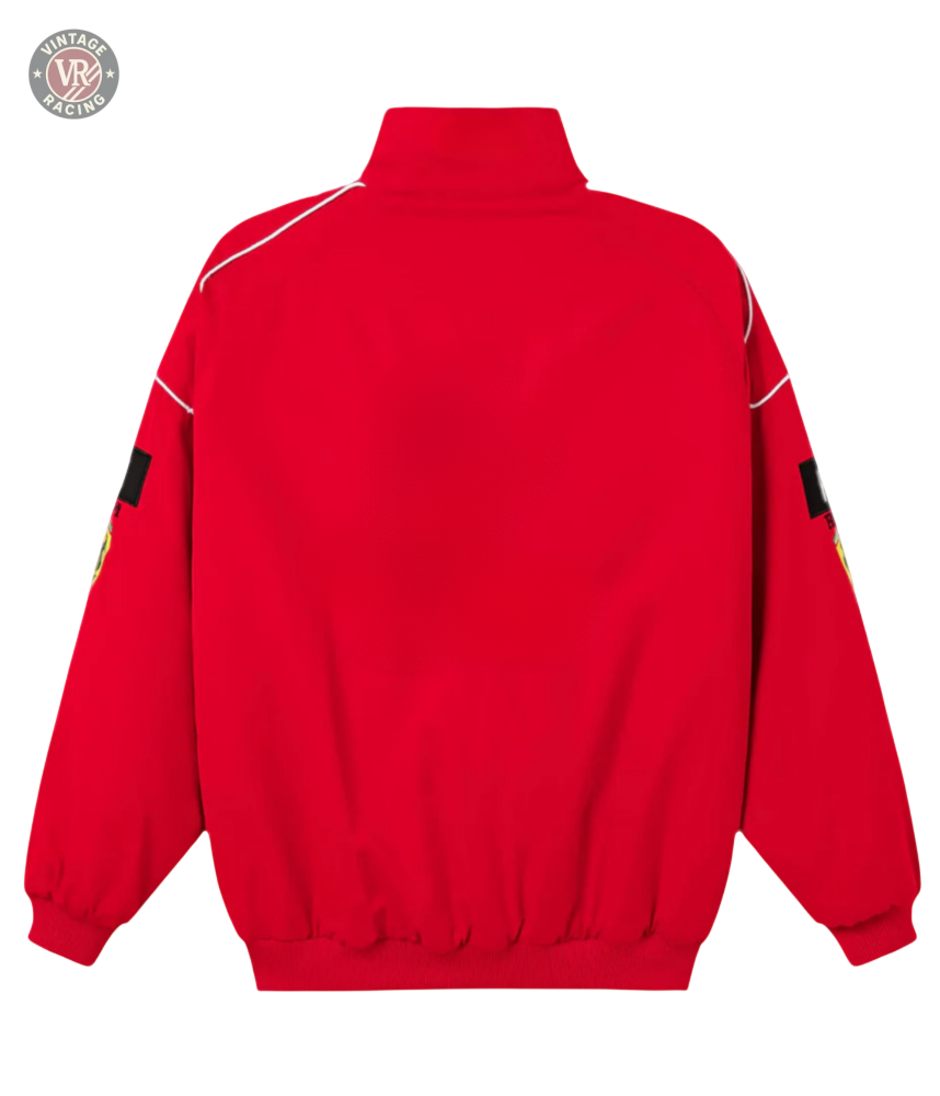 The F1 Vintage Racing Jacket - Red Edition features a Ferrari red back view, high collar, white piping on the shoulders, black sleeve patches, and elastic cuffs and waistband for a classic racing look.