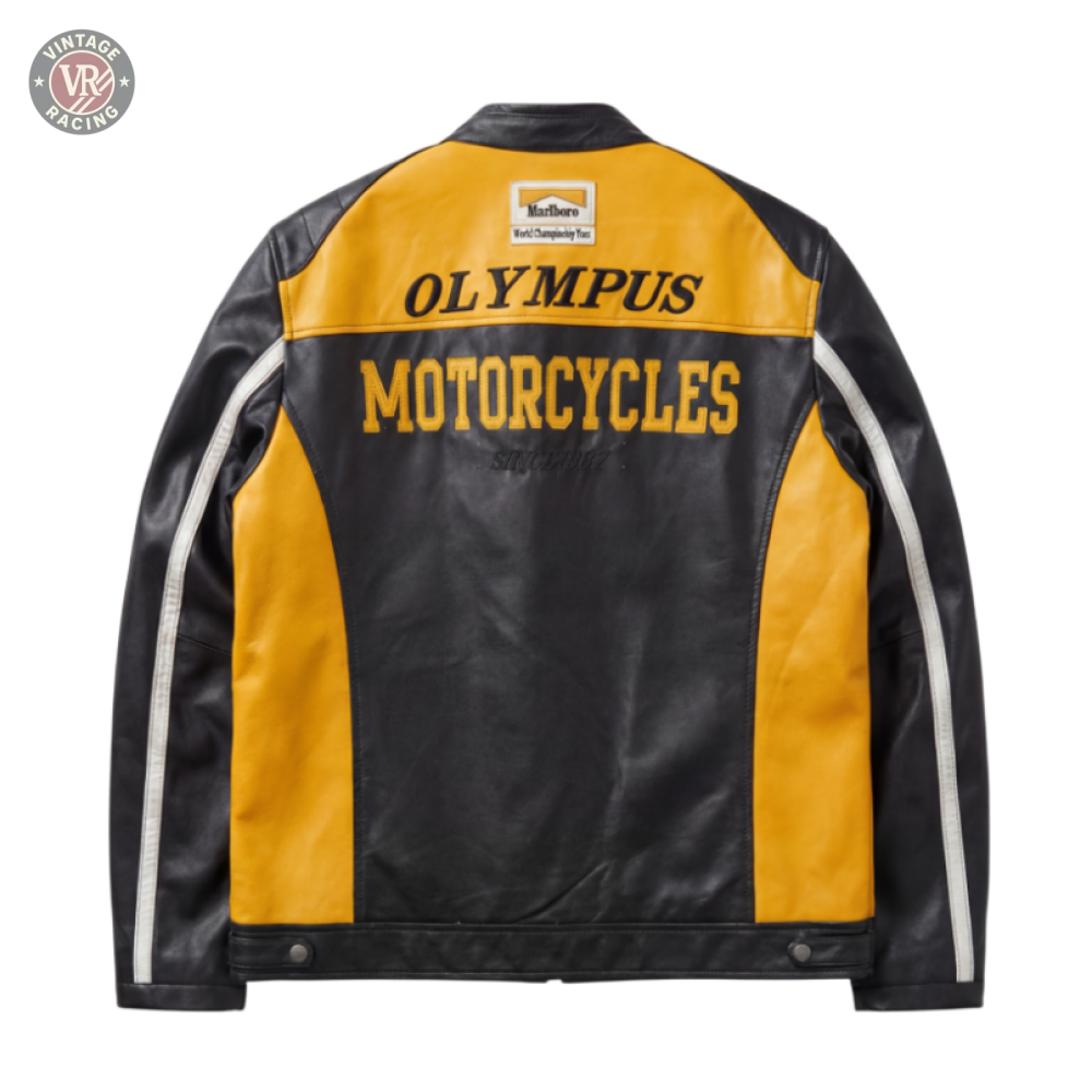 The Ferrari F1 Vintage Racing Jacket - Black & Yellow Edition is a leather jacket with white sleeve stripes and bold yellow lettering on the back.