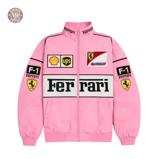 The Ferrari F1 Vintage Racing Jacket - Pink Edition features black and white accents, multiple patches (Shell, UPS, Ferrari logo, F1, racing flag), front pockets, and a high collar.