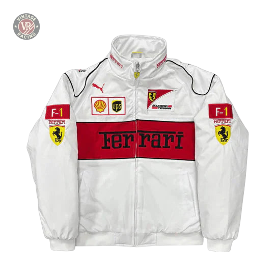 The Ferrari F1 Vintage Racing Jacket - White Edition features red and black accents, prominent Ferrari logos, sponsor patches from Shell, UPS, and Puma, and bold "Ferrari" lettering across the front.