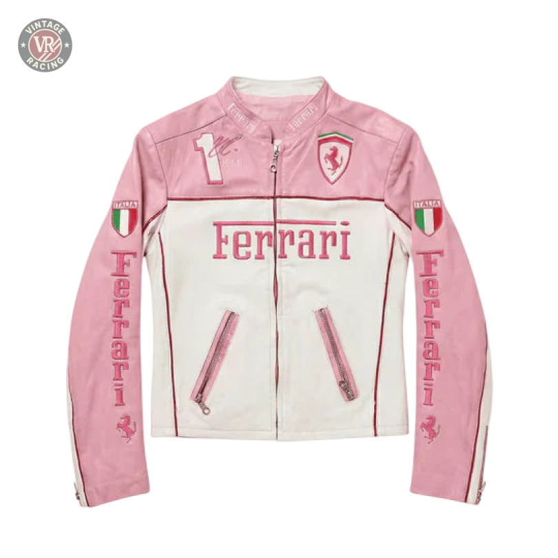 The Ferrari F1 Vintage Racing Leather Jacket - Pink & White Edition features zippered pockets, Ferrari logos, and Italian flag patches on the arms and chest, displayed against a plain white background.